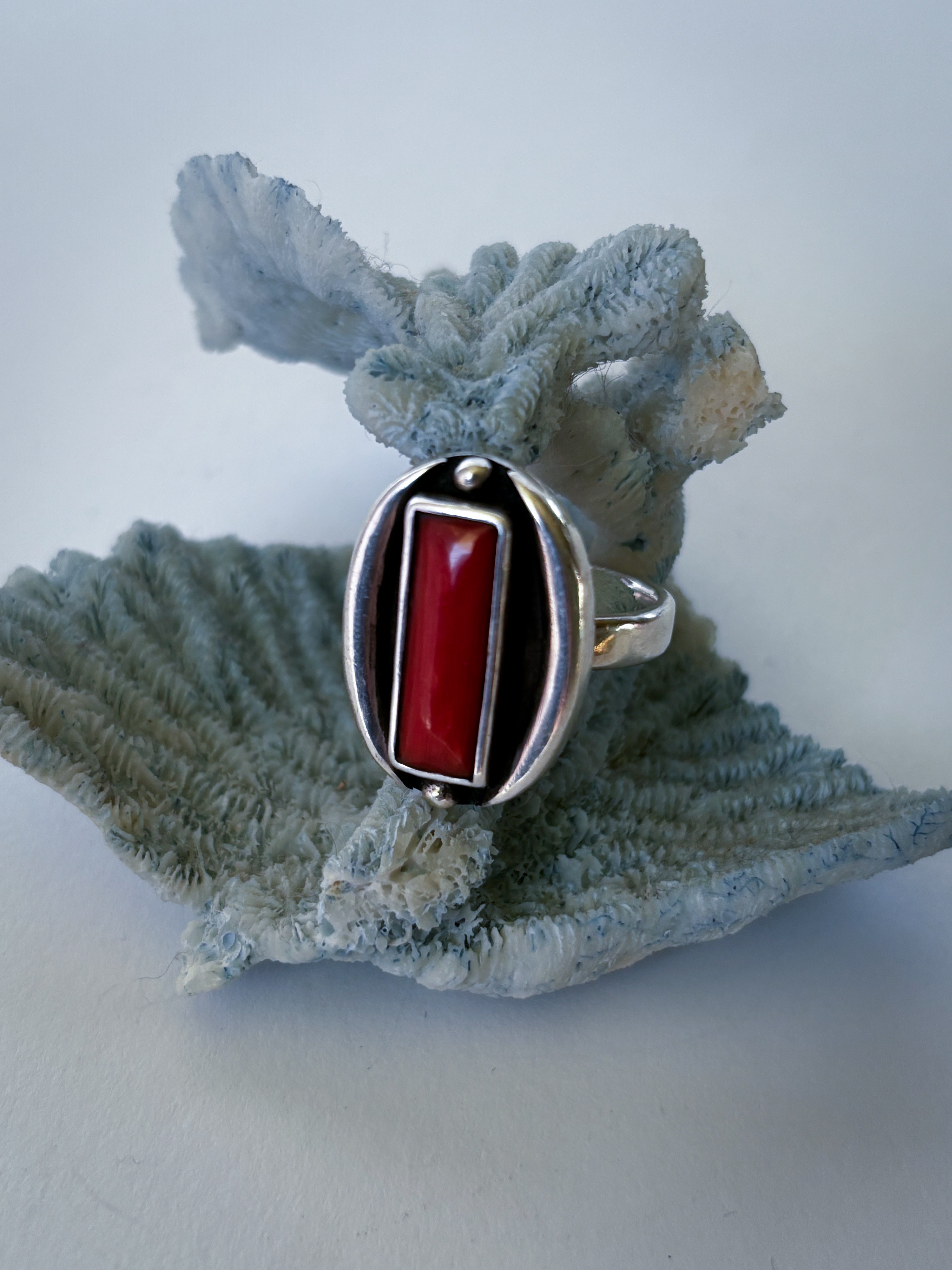 Mediterranean Red Coral & Sterling Silver Ring | Size 7.5