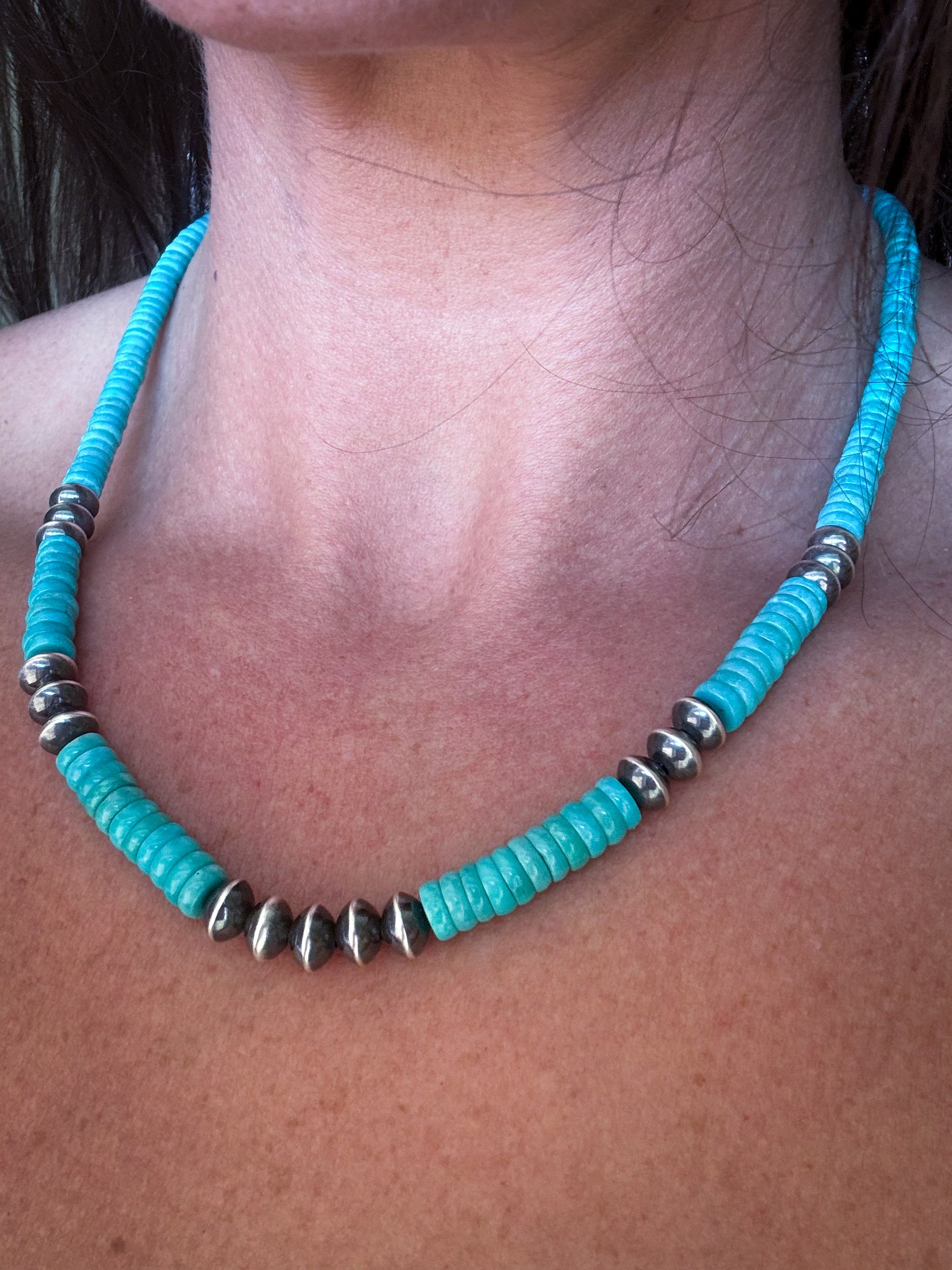 Turquoise and Sterling Silver Pearl Beaded Necklace