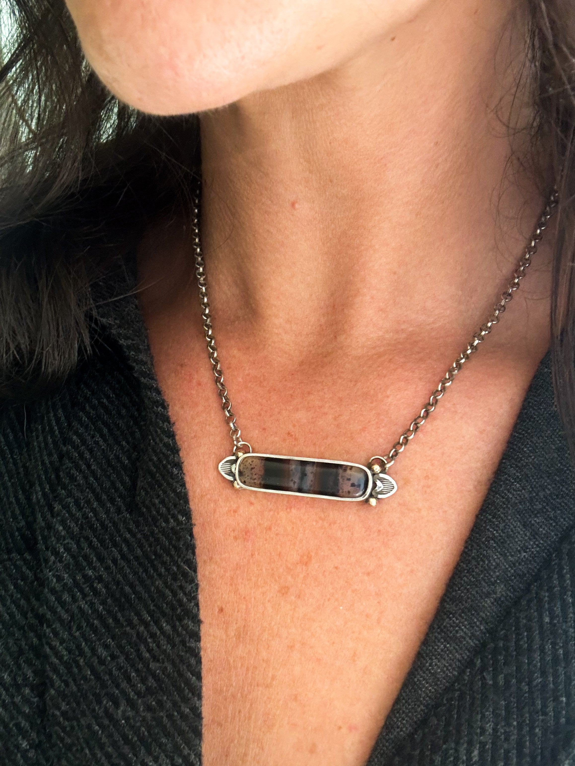Montana Agate Bar Necklace | Sterling Silver & 14K Gold