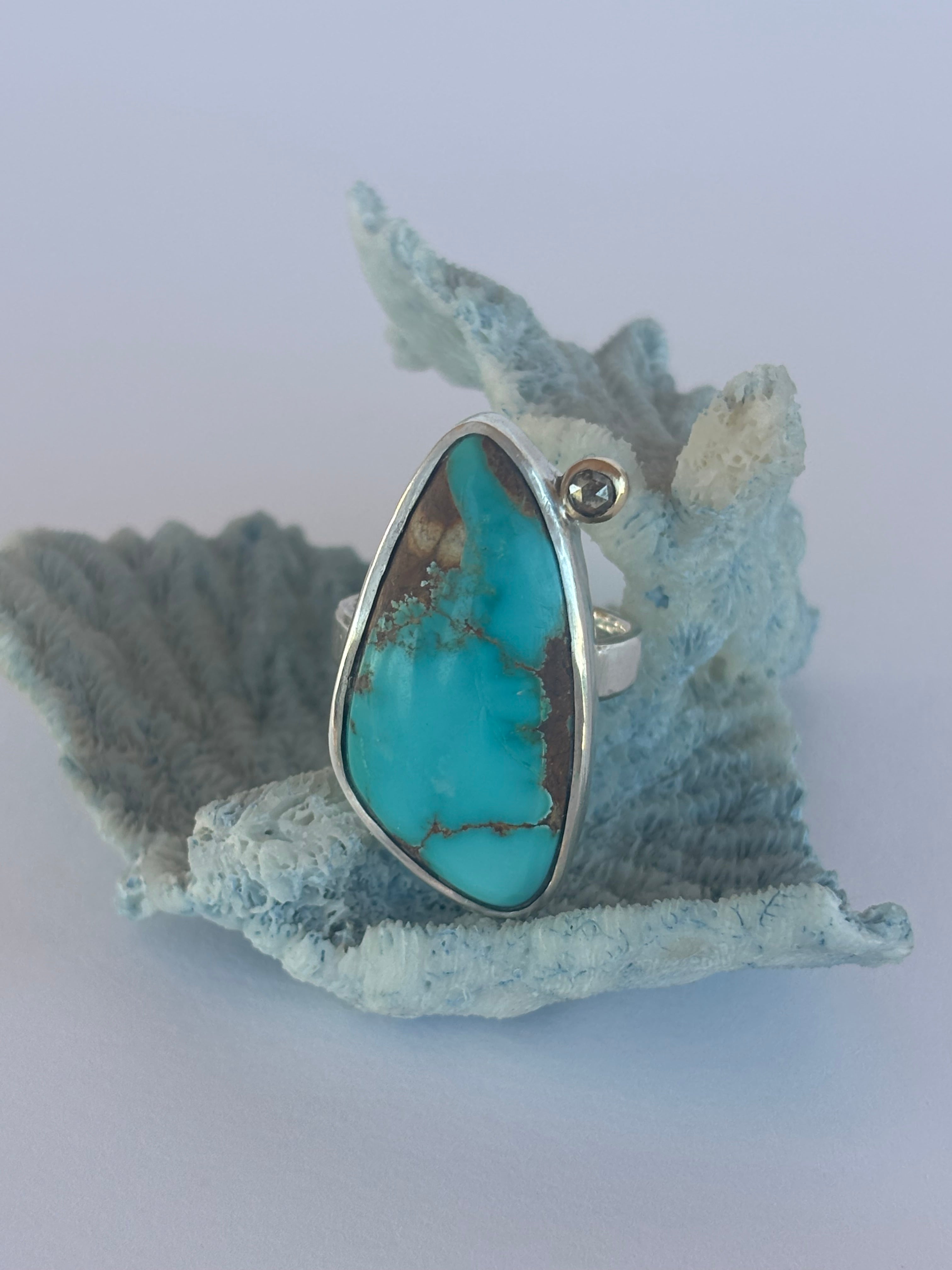 Royston Turquoise & Diamond Ring |Sterling Silver & 14K Gold | Size 7