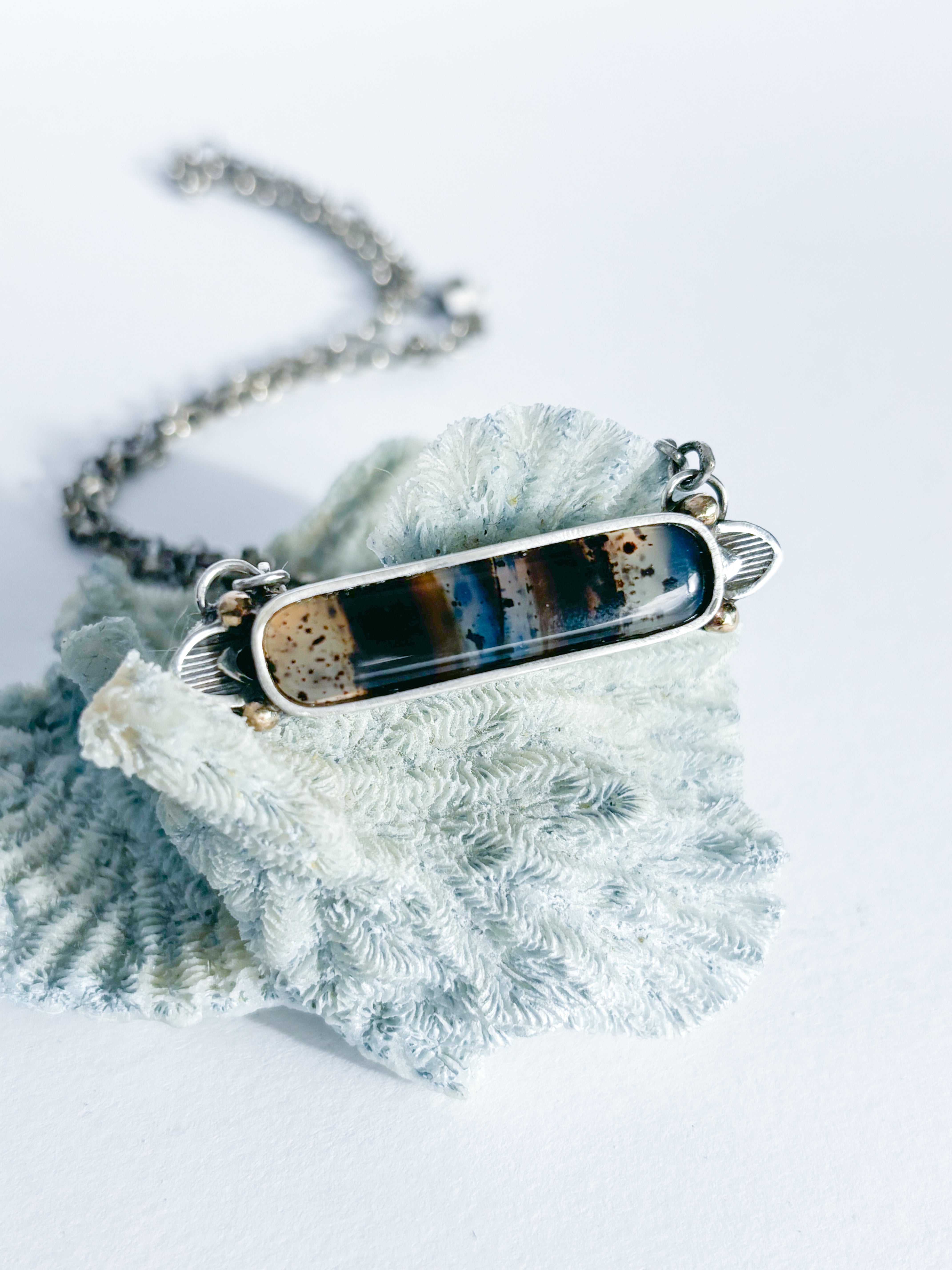 Montana Agate Bar Necklace | Sterling Silver & 14K Gold
