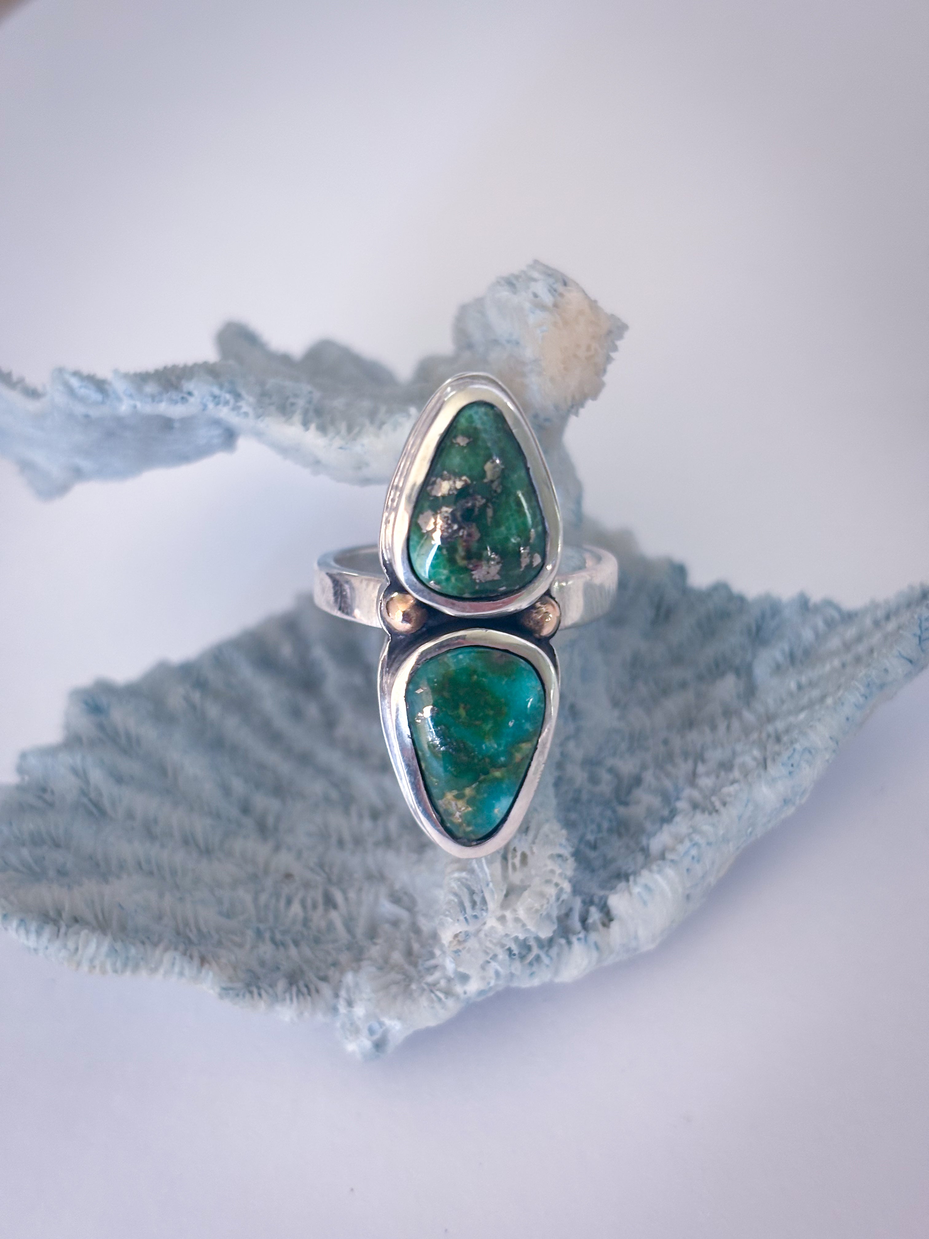 Two Stone Statement Ring | Sonoran Gold Turquoise, 14K Gold, & Sterling Silver | Size 8