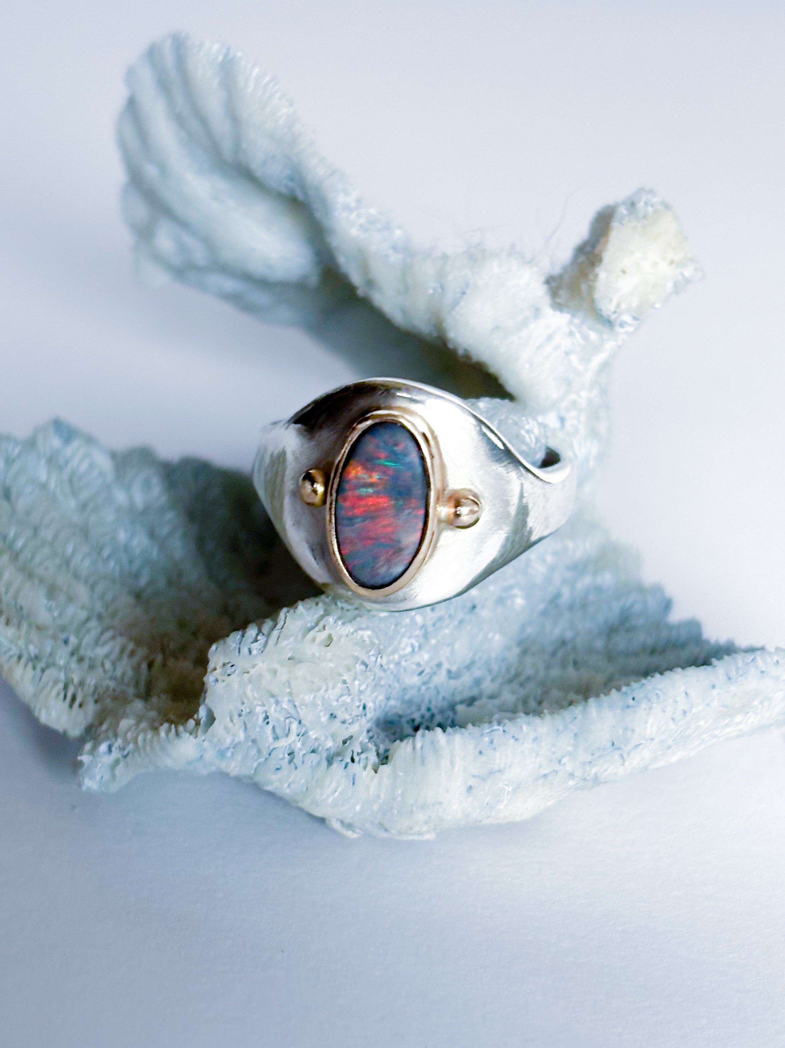 Modern Australian Opal, 14K Gold and Sterling Silver Handmade Ring.