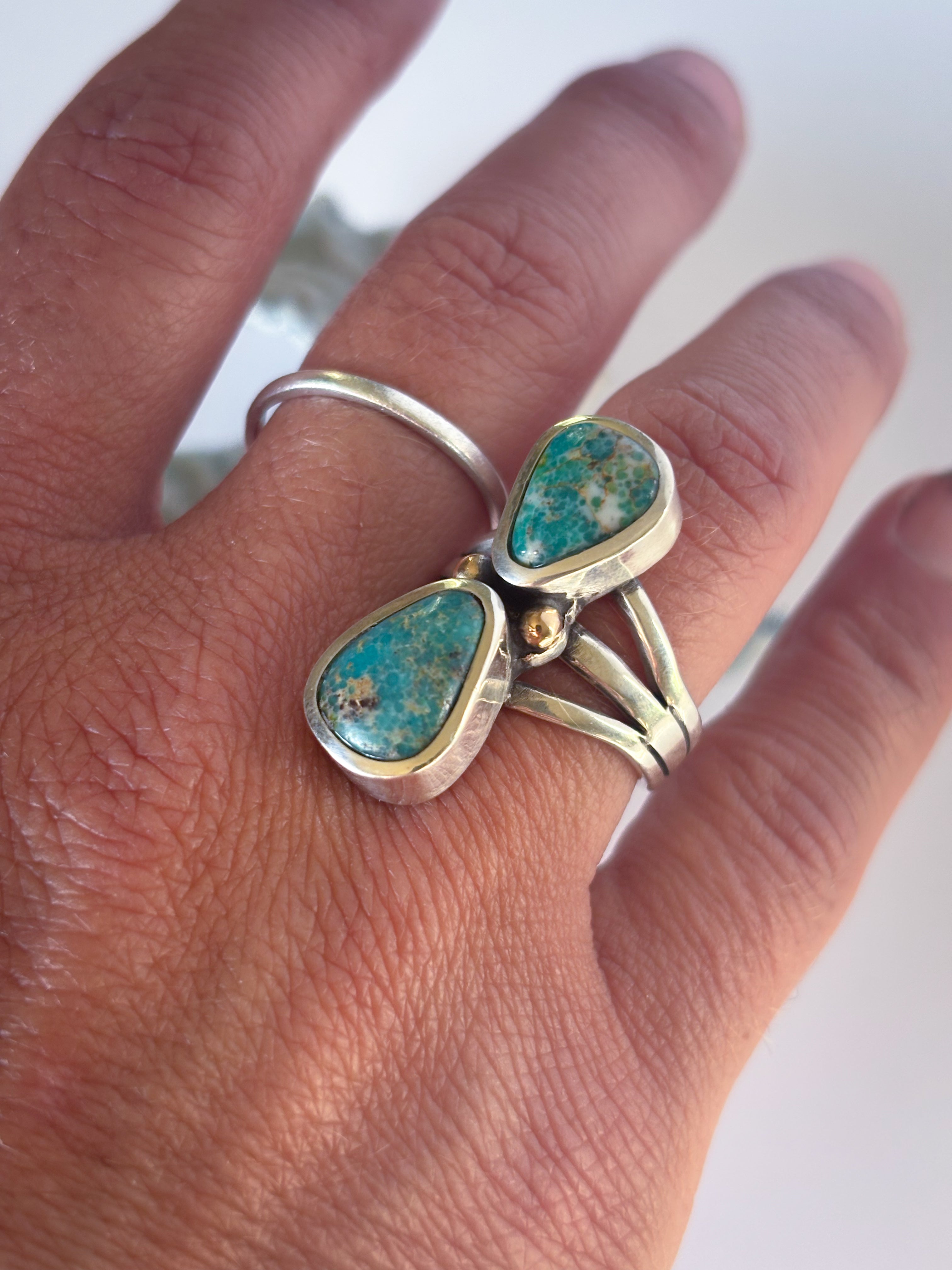 Two Stone Statement Ring| Sonoran Gold Turquoise, 14K Gold, & Sterling Silver | Size 6.75