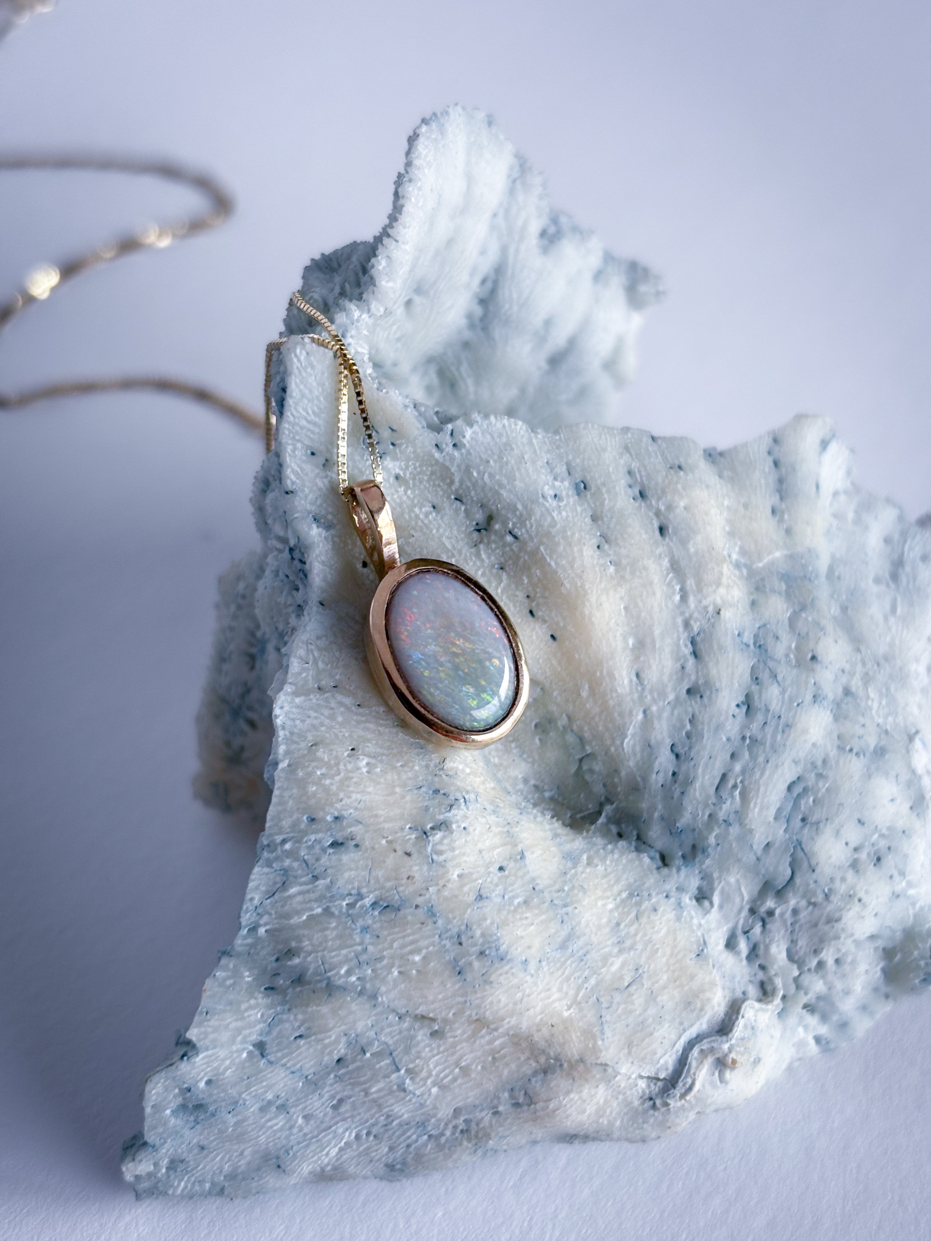 Australian Opal, 14K Gold Danity Lux Necklace with Sterling Silver backplate.