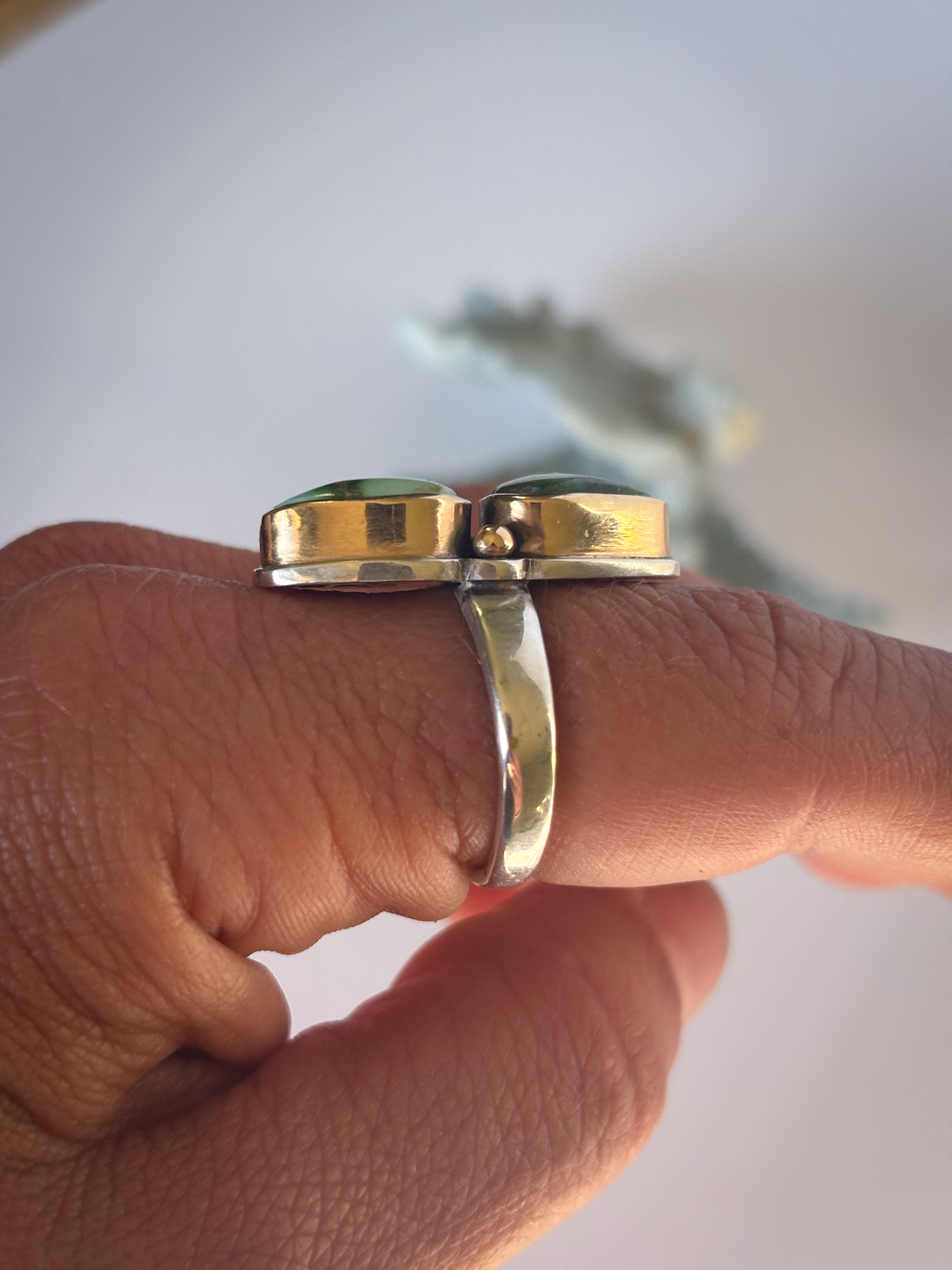 Two Stone Statement Ring | Sonoran Gold Turquoise, 14K Gold, & Sterling Silver | Size 7