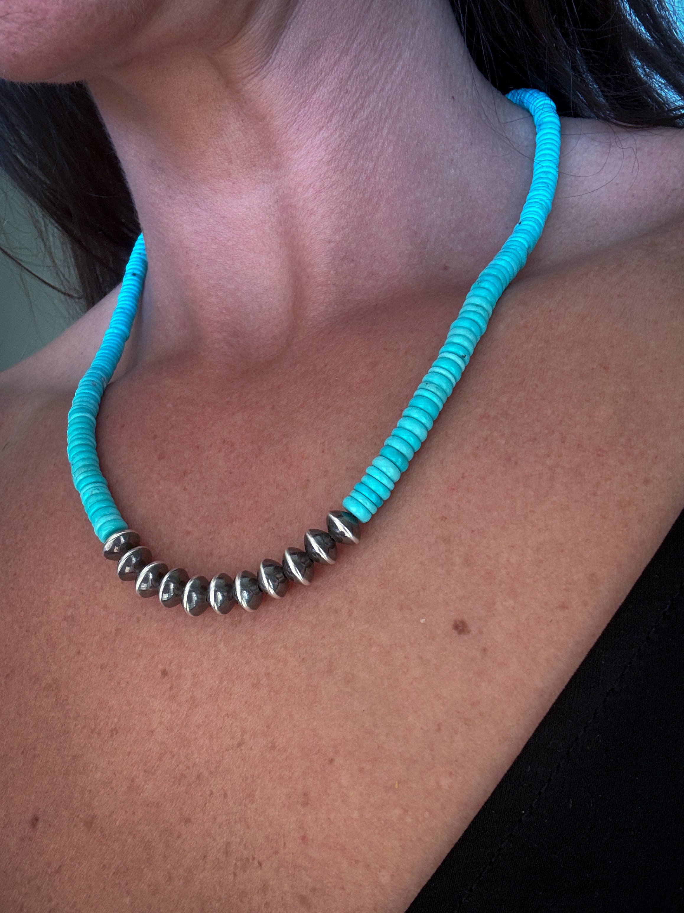 Turquoise and Sterling Silver Pearl Beaded Necklace