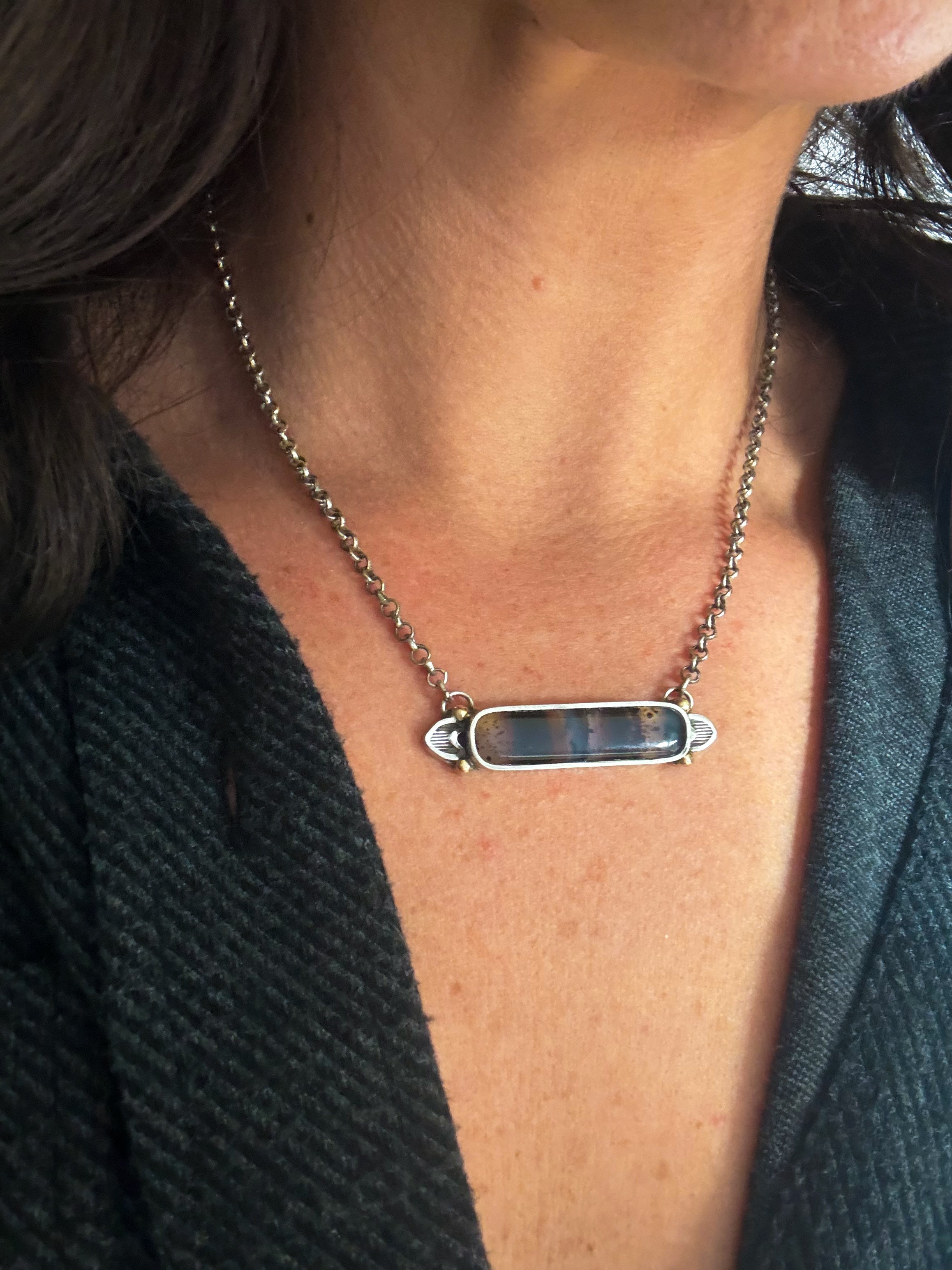 Montana Agate Bar Necklace | Sterling Silver & 14K Gold