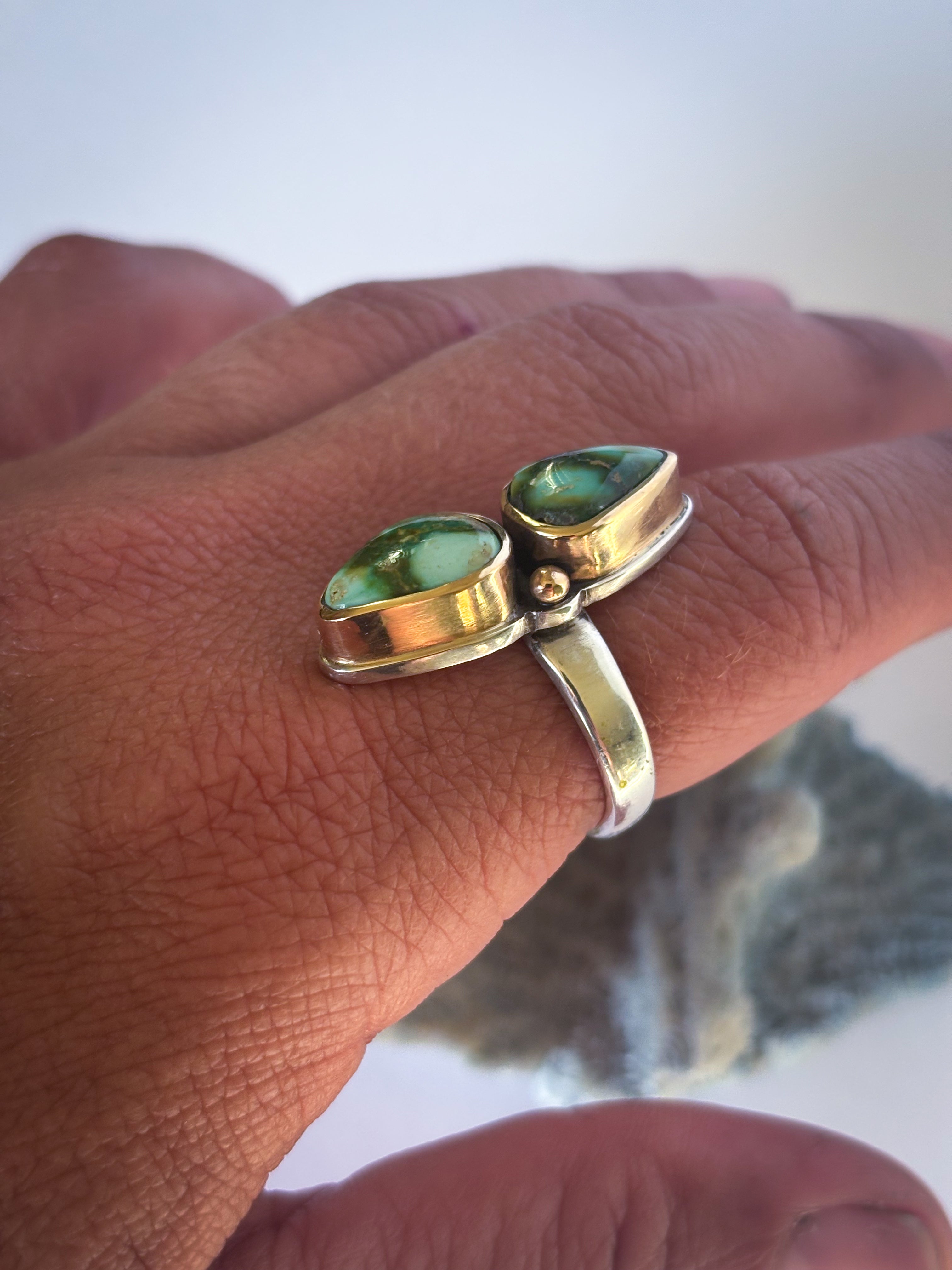 Two Stone Statement Ring | Sonoran Gold Turquoise, 14K Gold, & Sterling Silver | Size 7