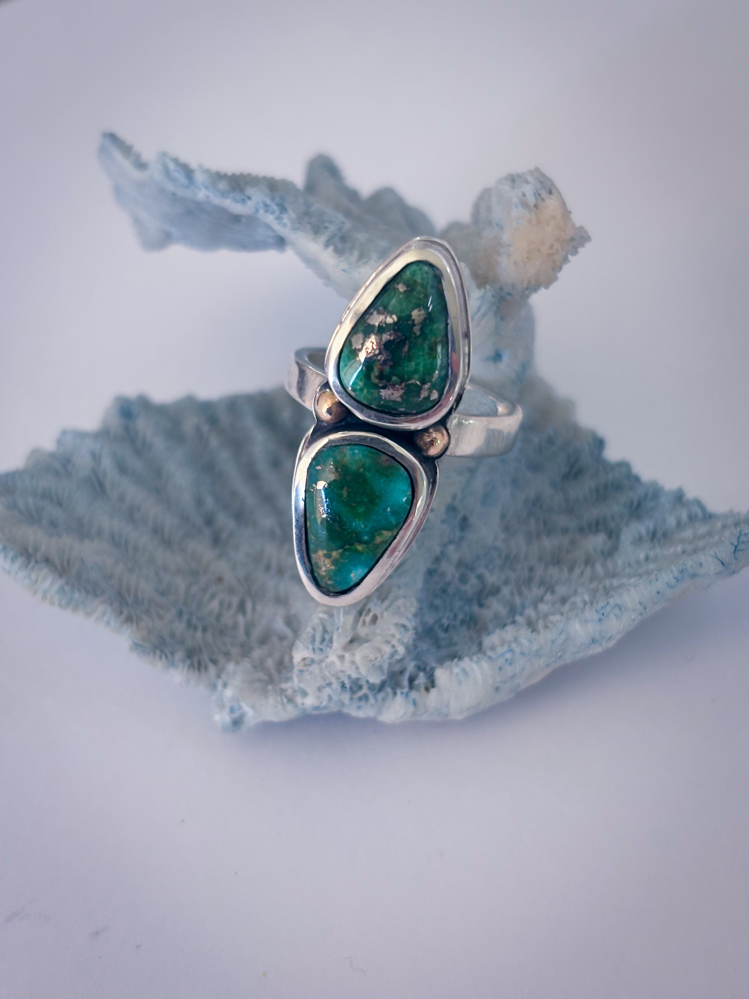 Two Stone Statement Ring | Sonoran Gold Turquoise, 14K Gold, & Sterling Silver | Size 8