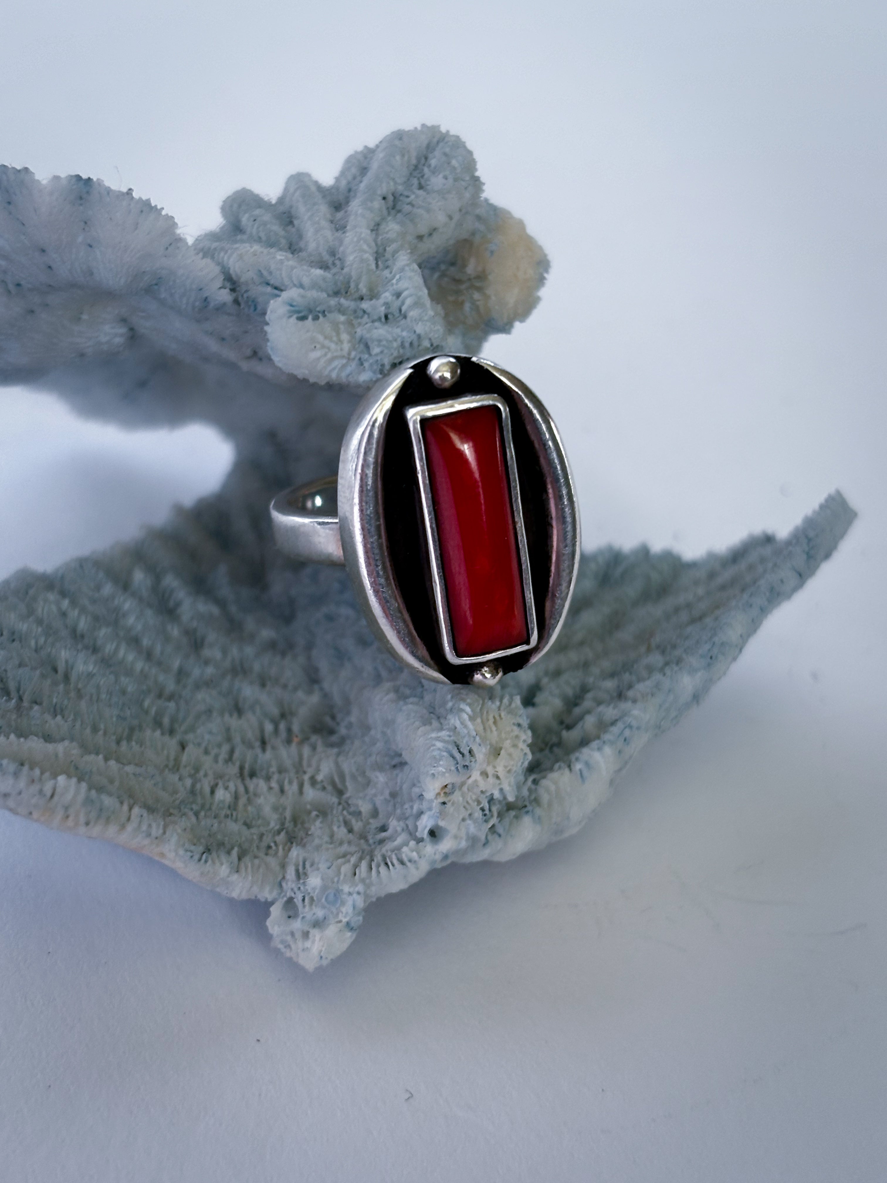 Mediterranean Red Coral & Sterling Silver Ring | Size 7.5