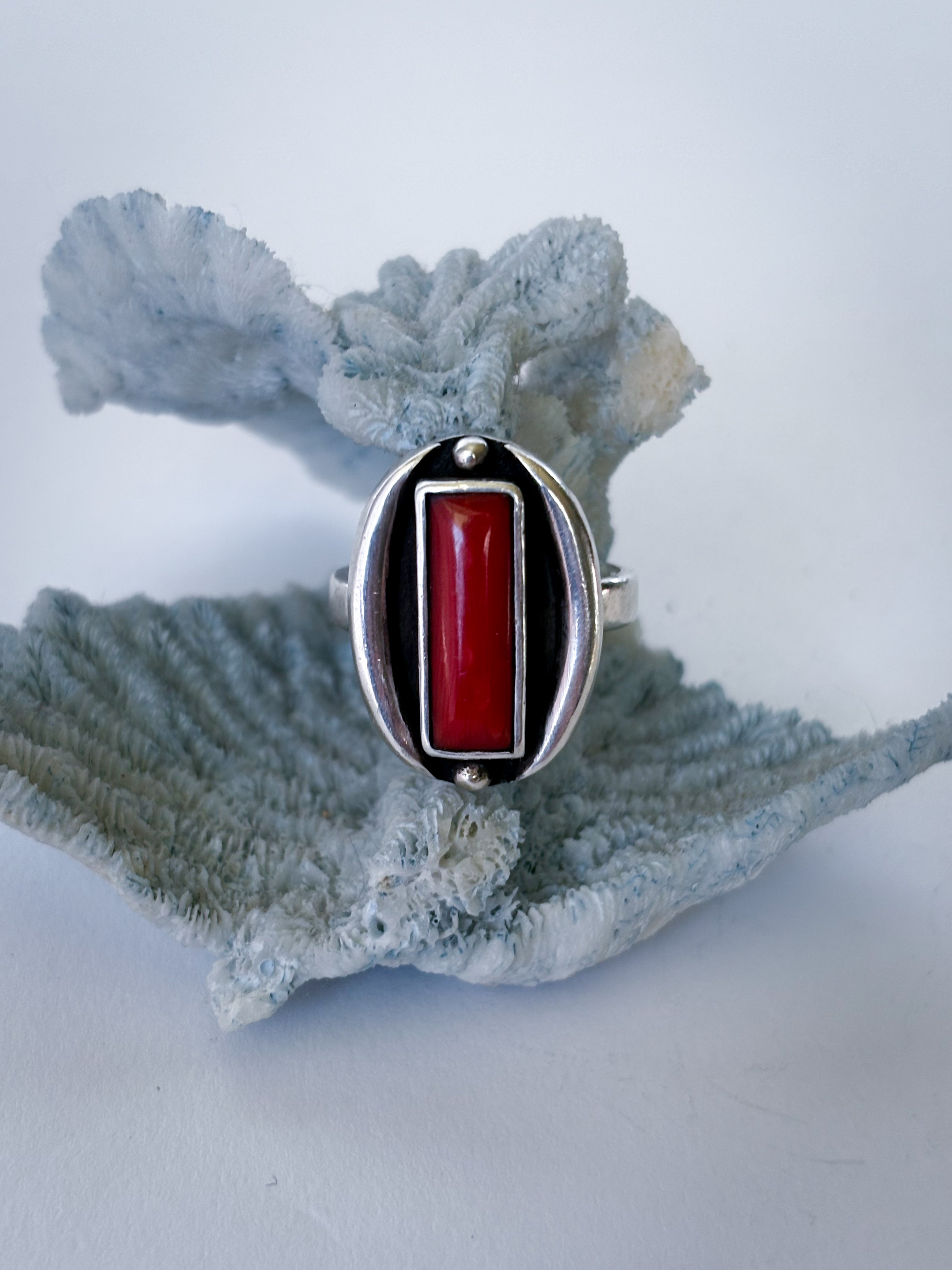 Mediterranean Red Coral & Sterling Silver Ring | Size 7.5