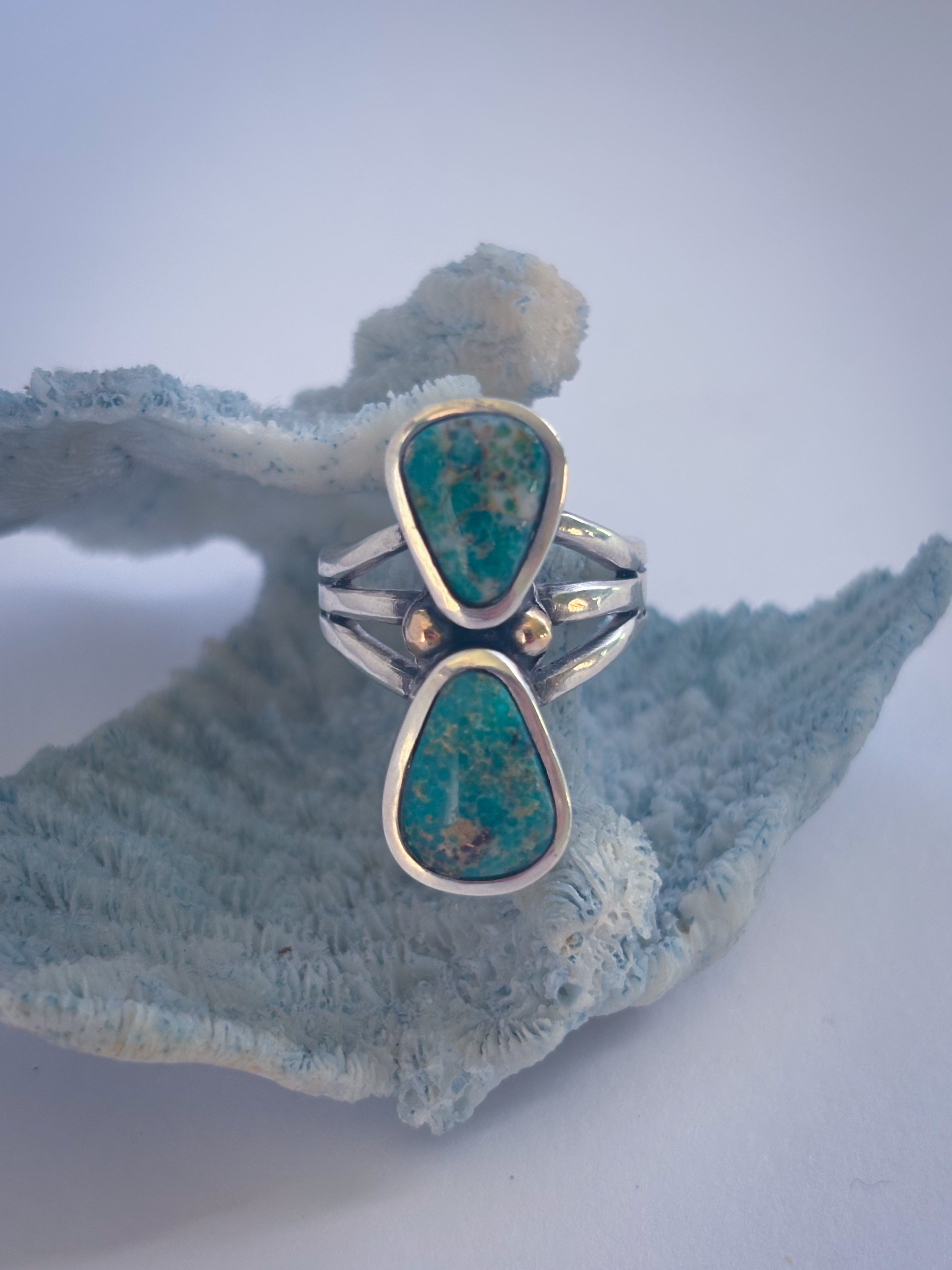 Two Stone Statement Ring| Sonoran Gold Turquoise, 14K Gold, & Sterling Silver | Size 6.75