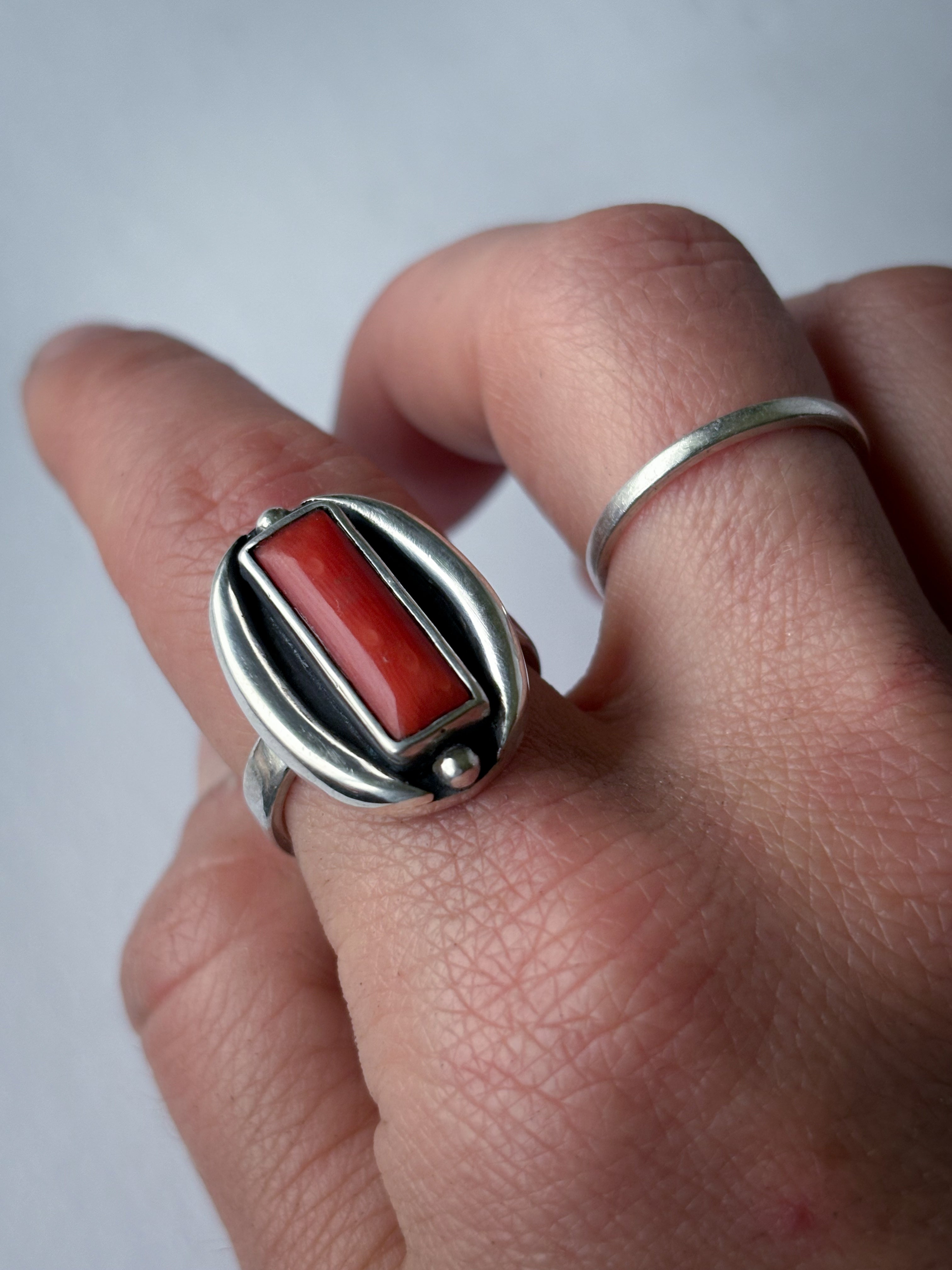 Mediterranean Red Coral & Sterling Silver Ring | Size 7.5