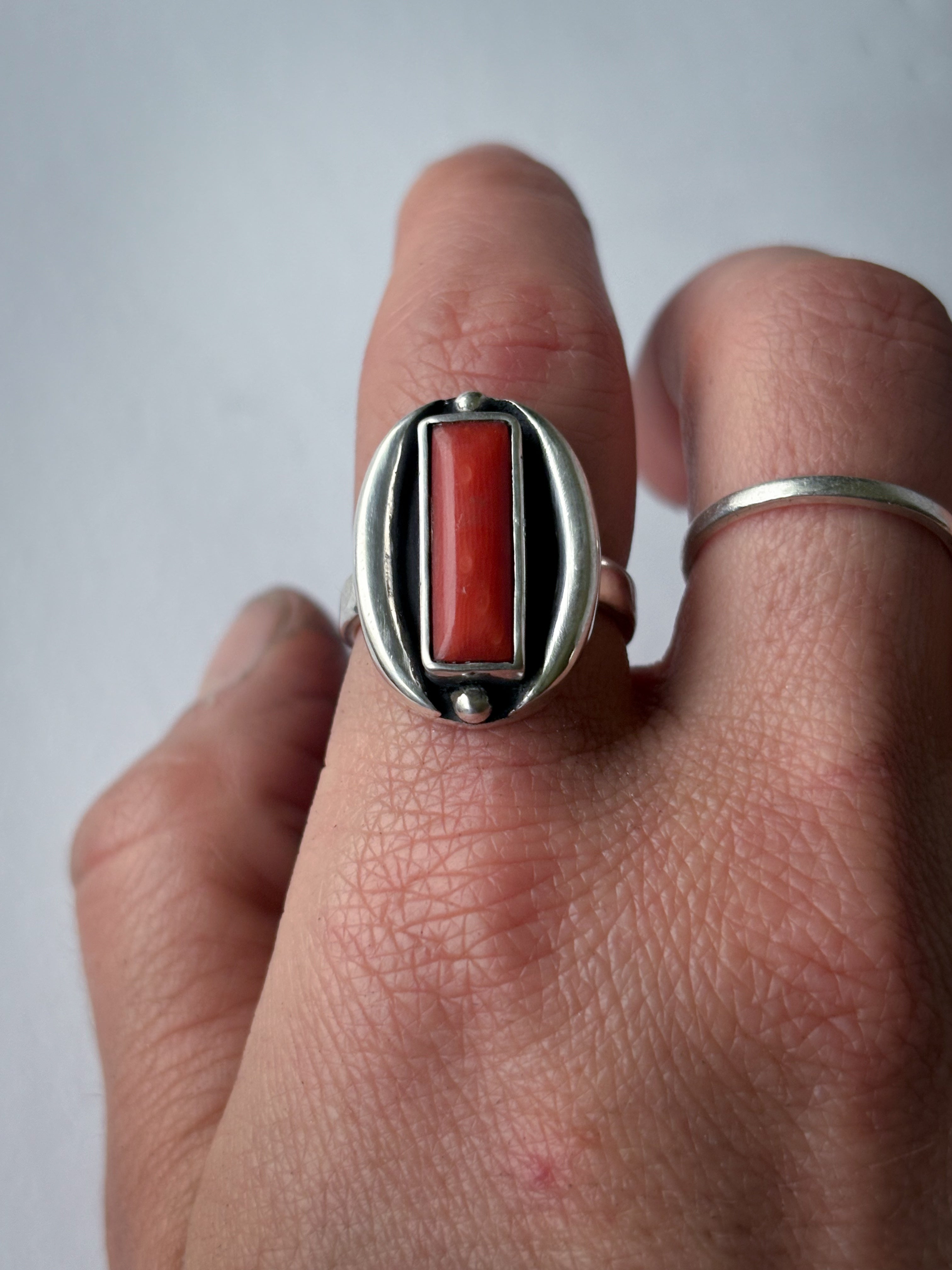 Mediterranean Red Coral & Sterling Silver Ring | Size 7.5