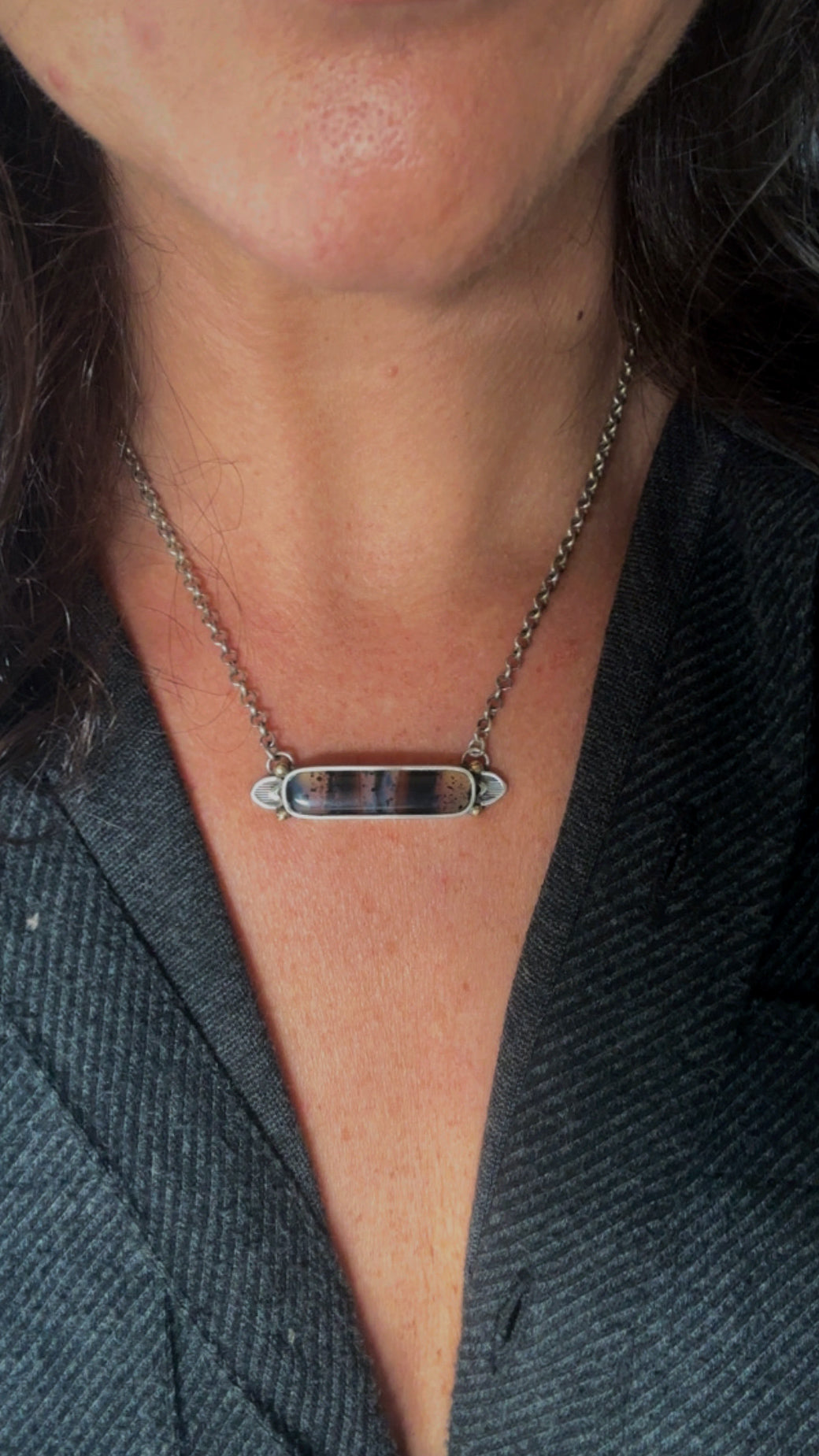 Montana Agate Bar Necklace | Sterling Silver & 14K Gold