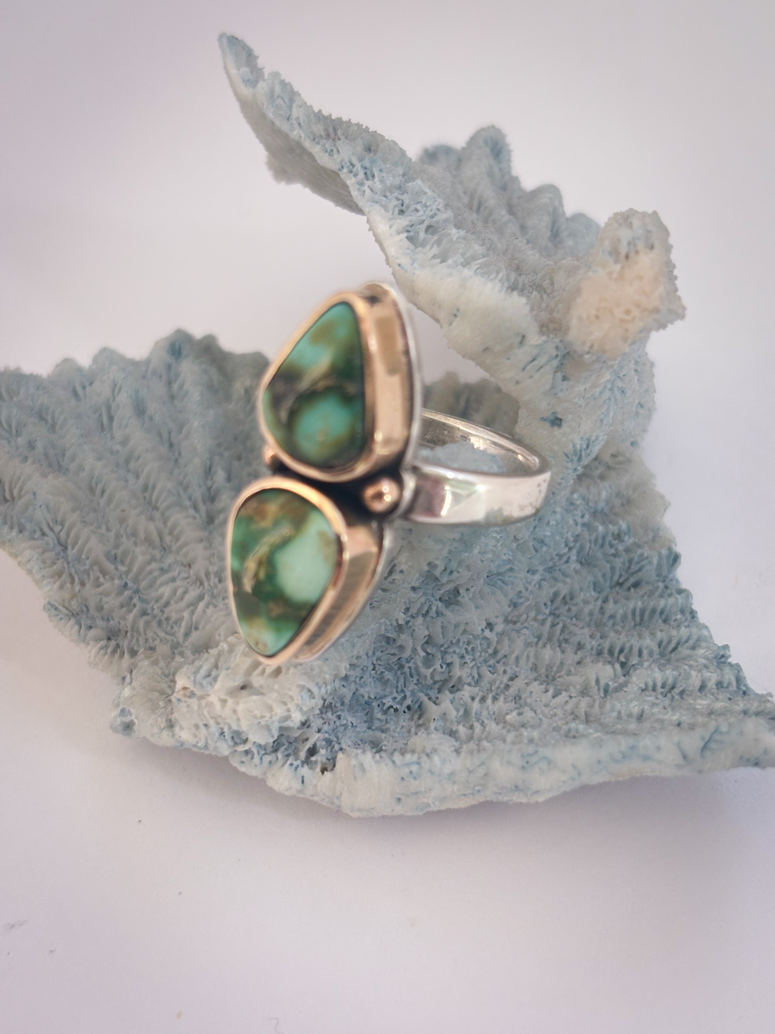 Two Stone Statement Ring | Sonoran Gold Turquoise, 14K Gold, & Sterling Silver | Size 7