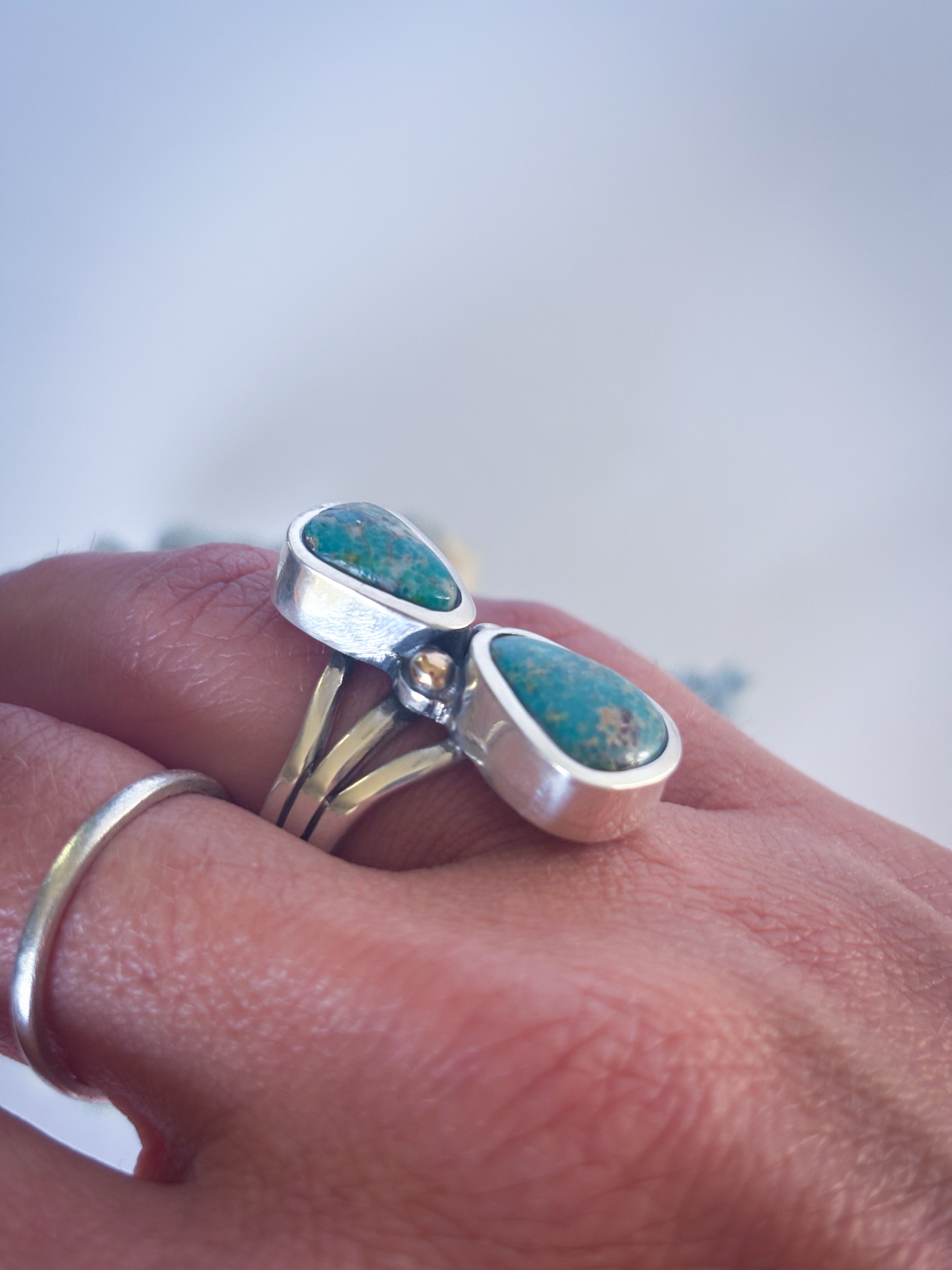 Two Stone Statement Ring| Sonoran Gold Turquoise, 14K Gold, & Sterling Silver | Size 6.75
