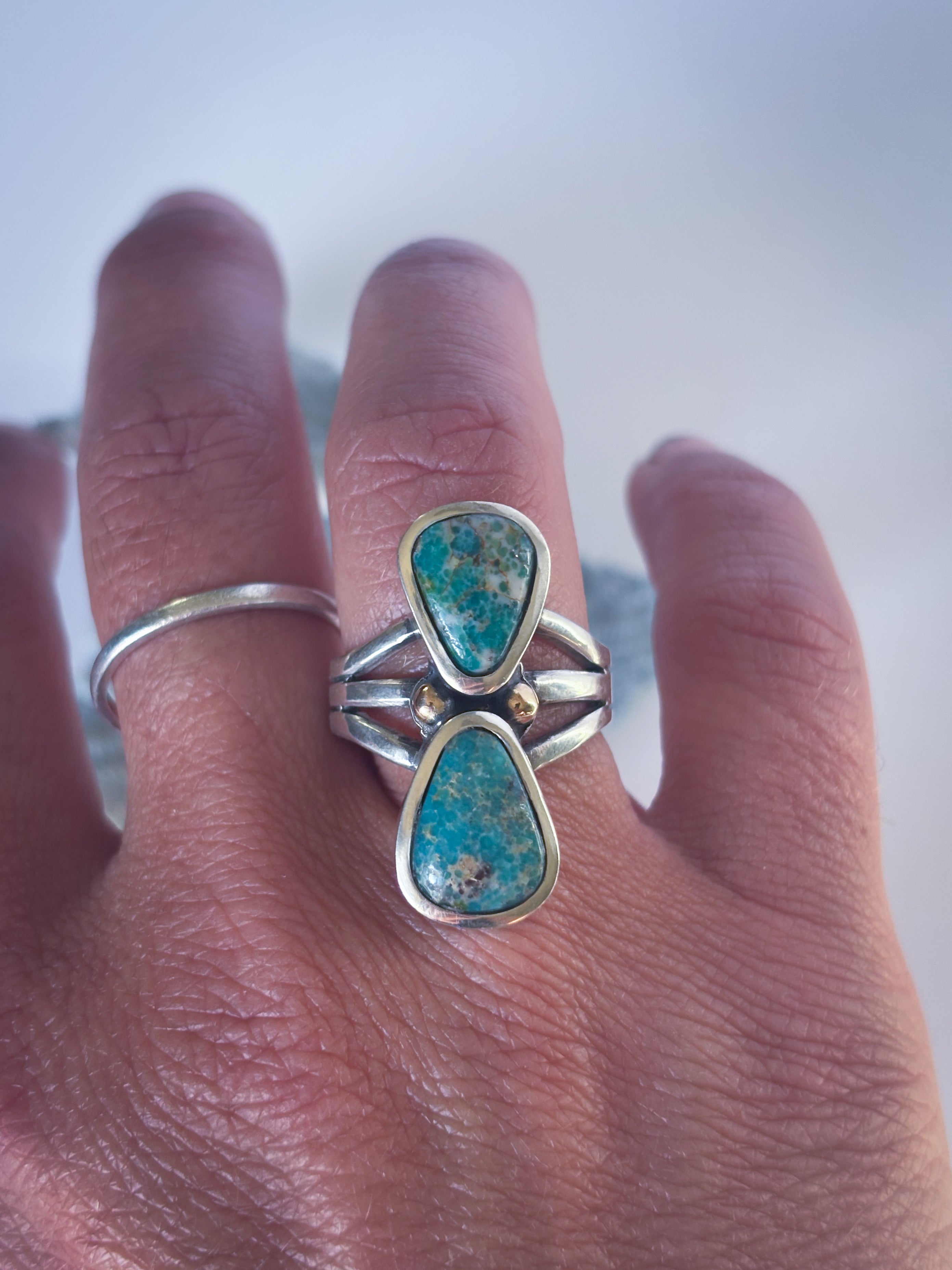 Two Stone Statement Ring| Sonoran Gold Turquoise, 14K Gold, & Sterling Silver | Size 6.75
