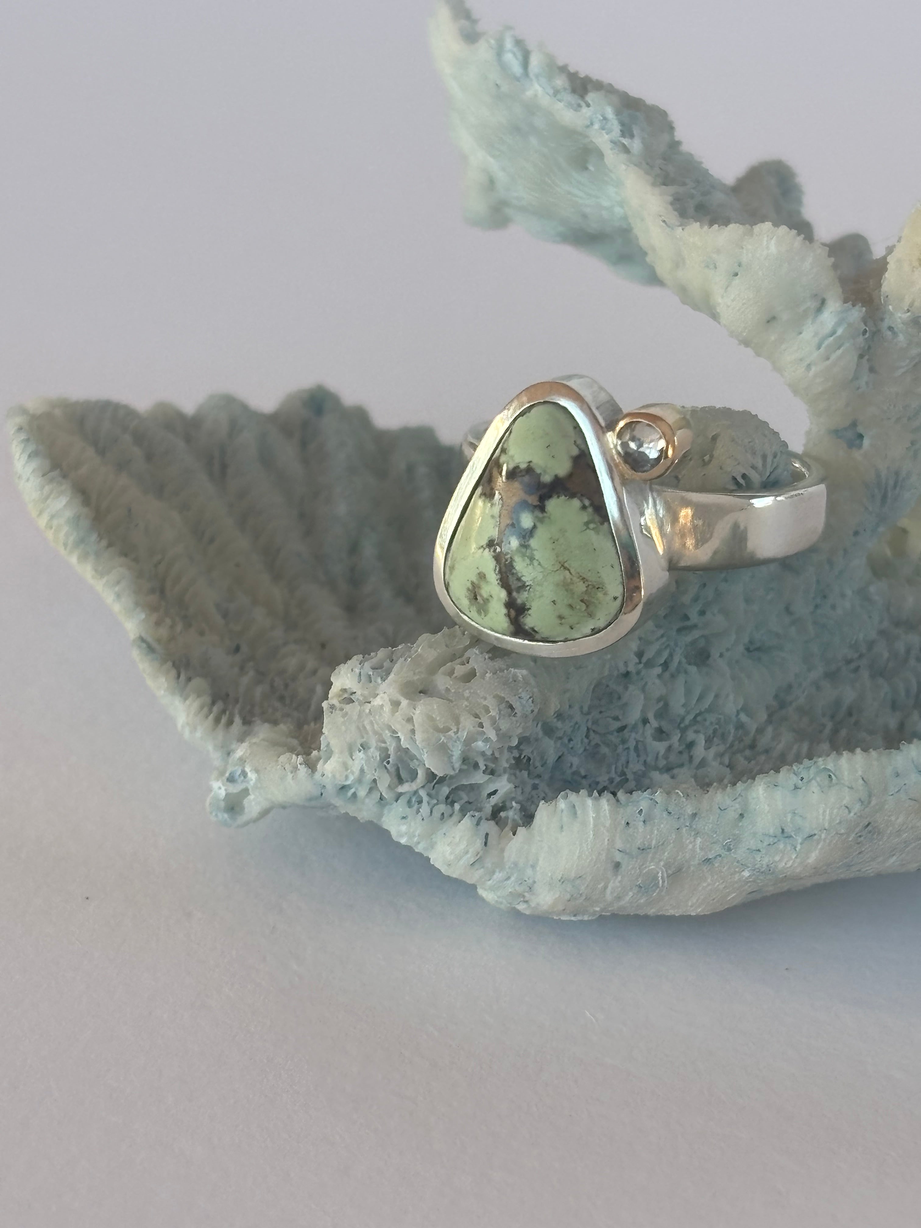 Damele Turquoise & Diamond Ring | Sterling Silver & 14K Gold | Size 8