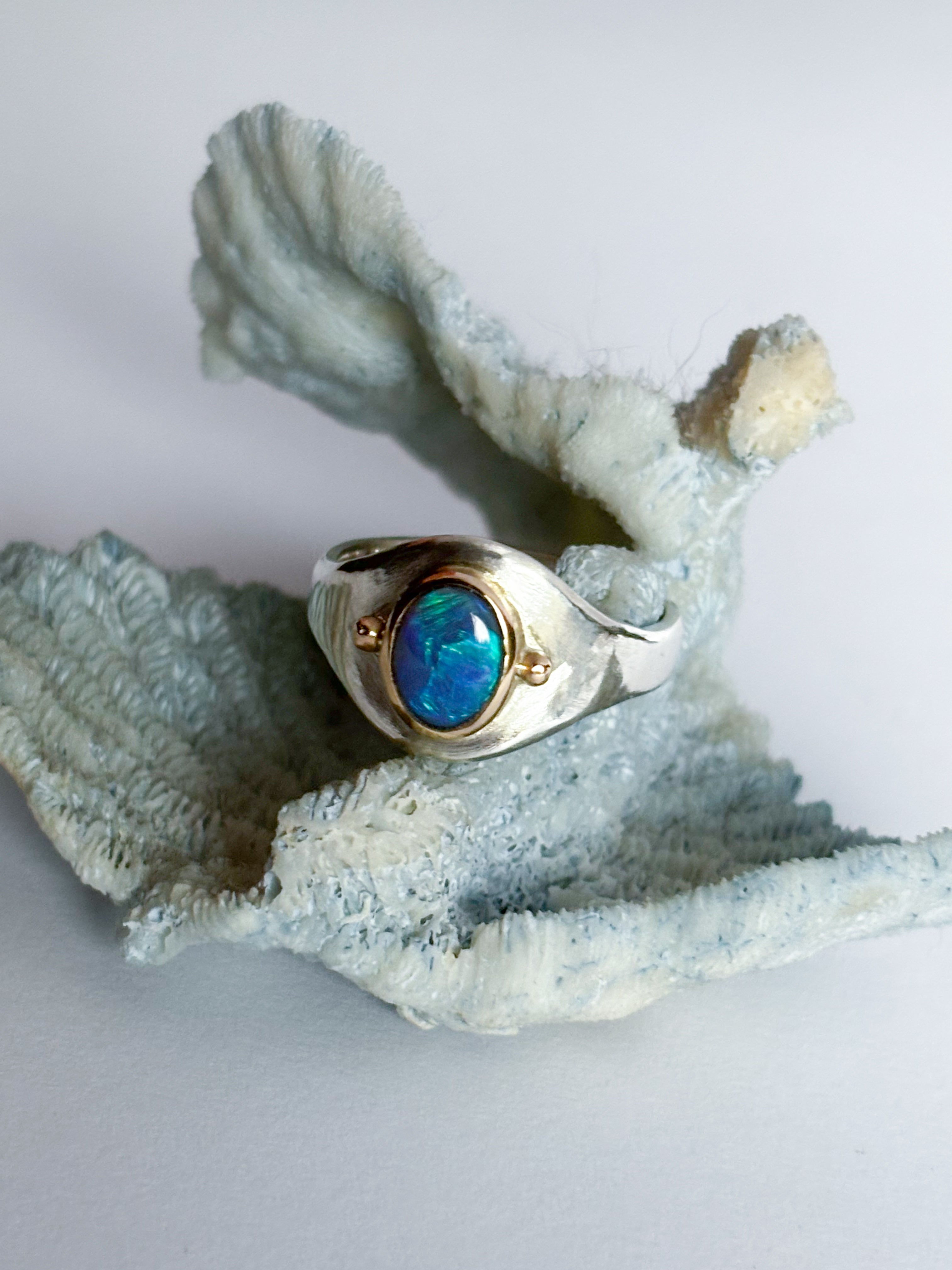 Modern Blue and Green Australian Opal. 14K Gold and Sterling Silver handmade ring. 