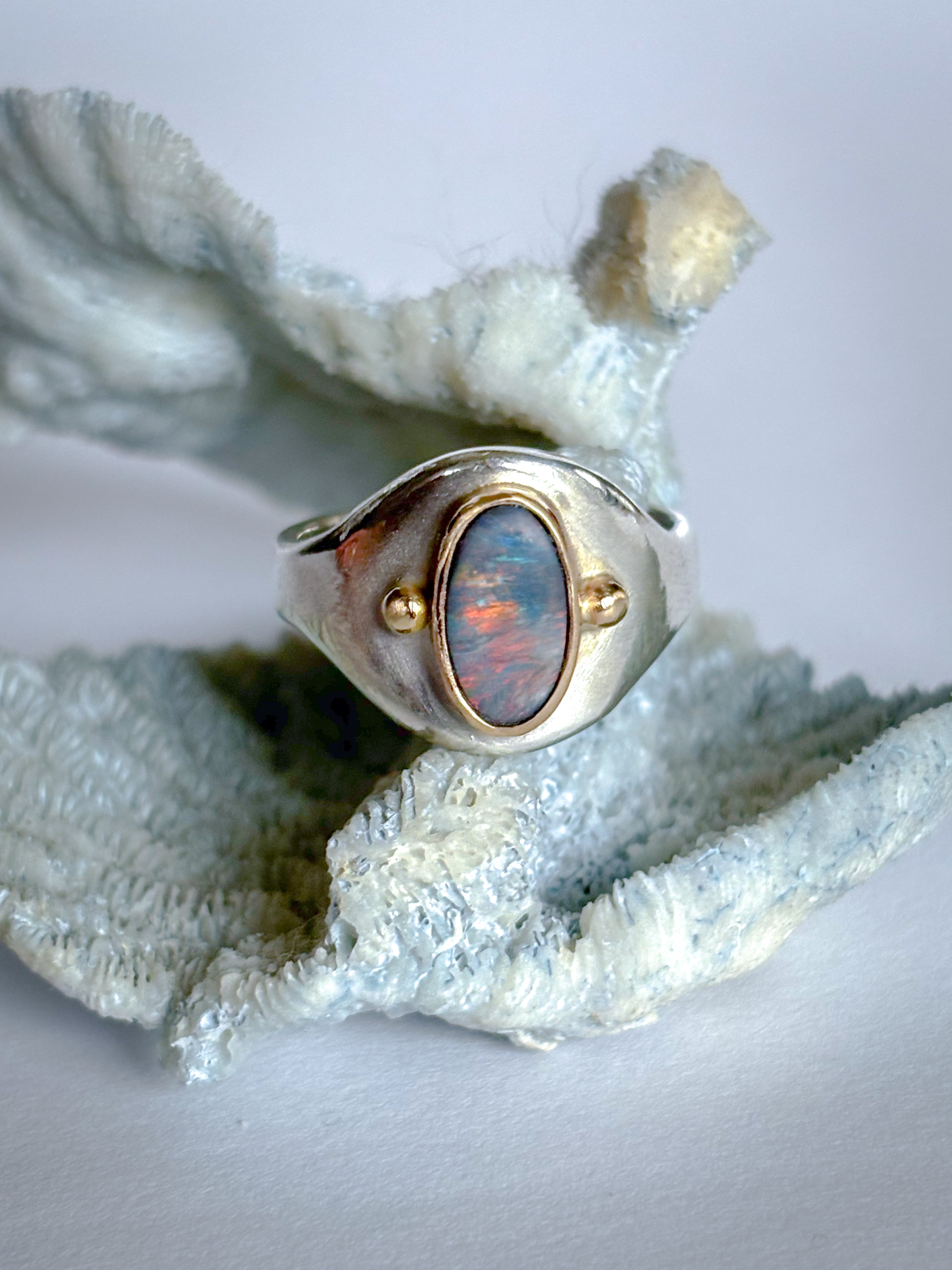 Modern Australian Opal, 14K Gold and Sterling Silver Handmade Ring. 