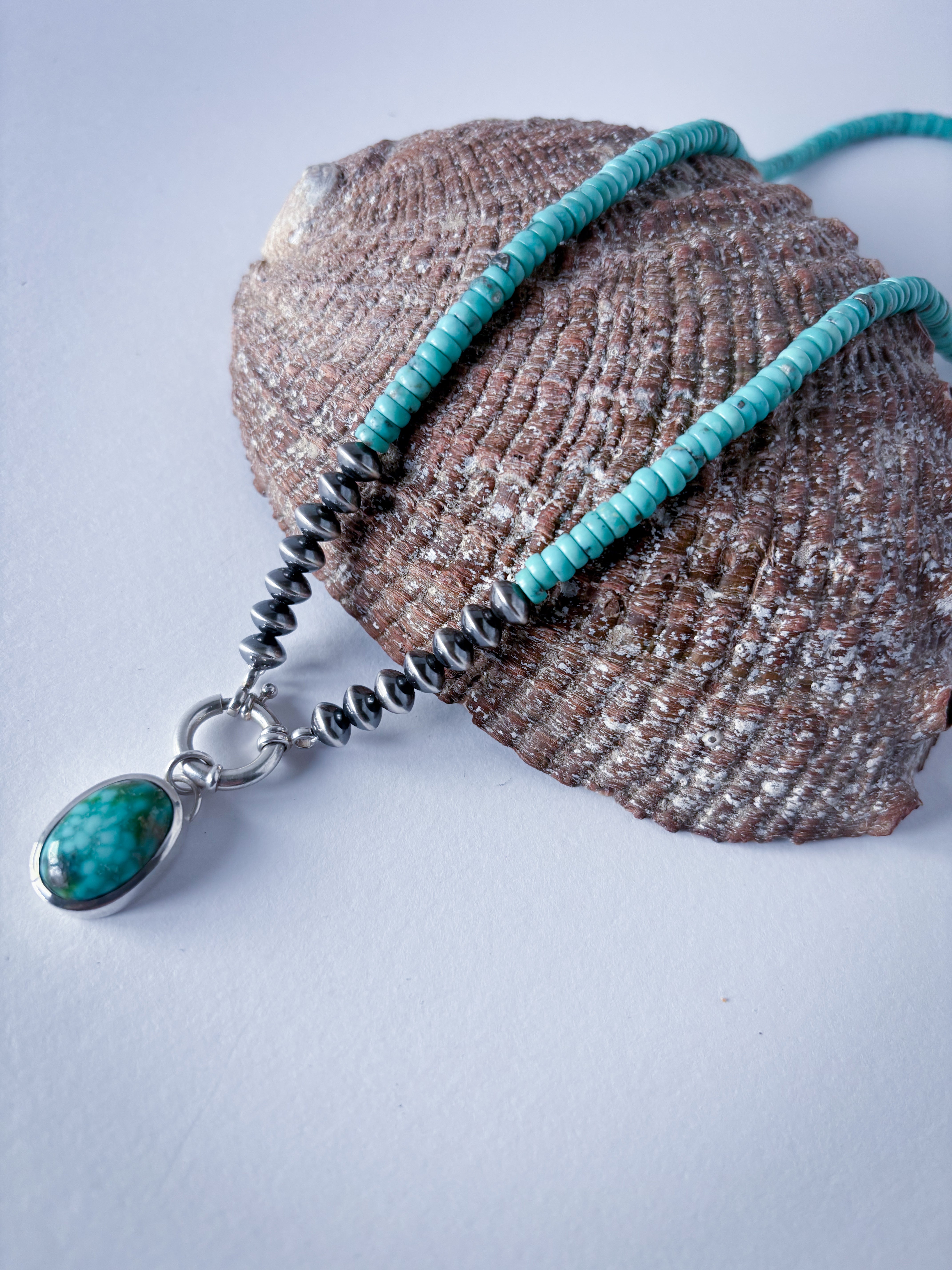 Turquoise and Sterling Silver Pearl Bead Necklace & Toggle Charm