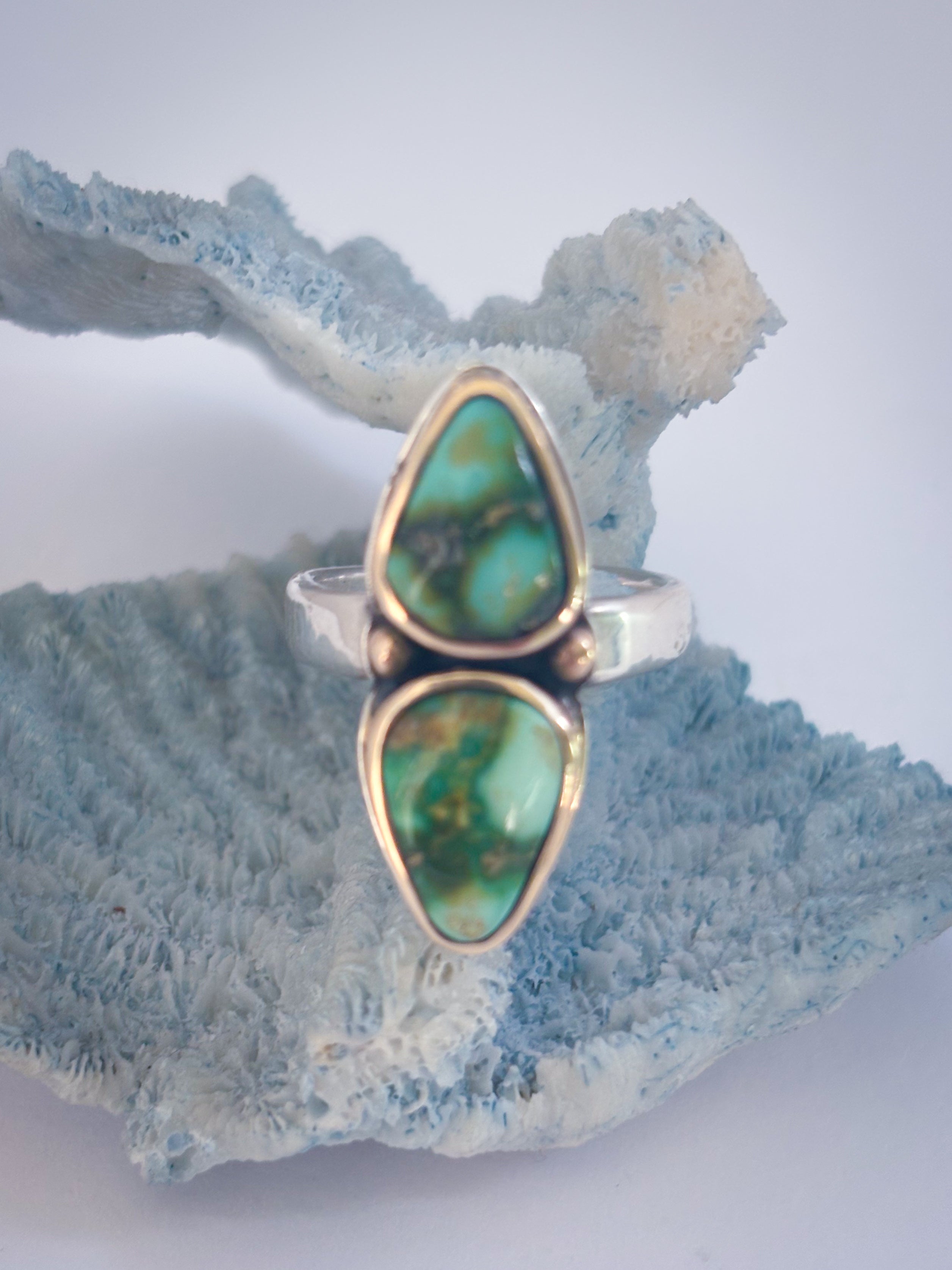 Two Stone Statement Ring | Sonoran Gold Turquoise, 14K Gold, & Sterling Silver | Size 7