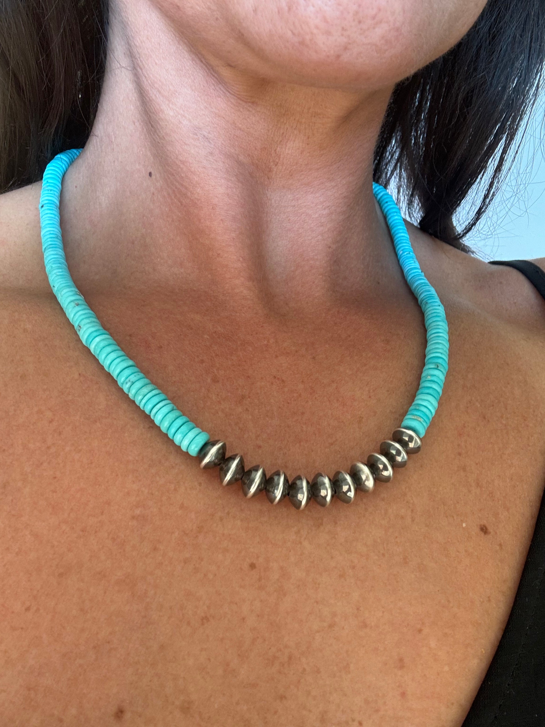 Turquoise and Sterling Silver Pearl Beaded Necklace