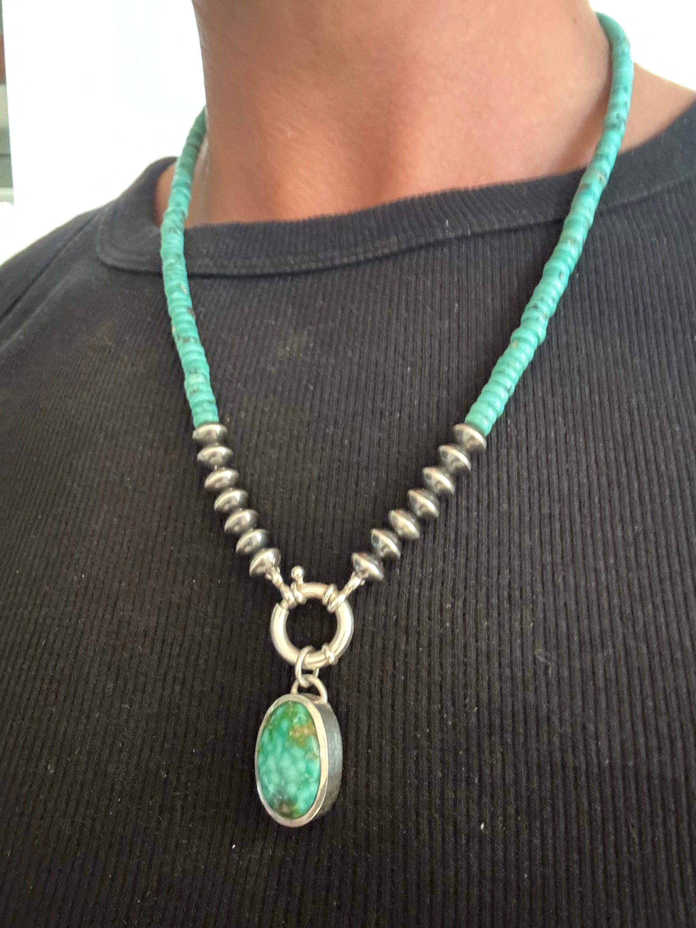 Turquoise and Sterling Silver Pearl Bead Necklace & Toggle Charm