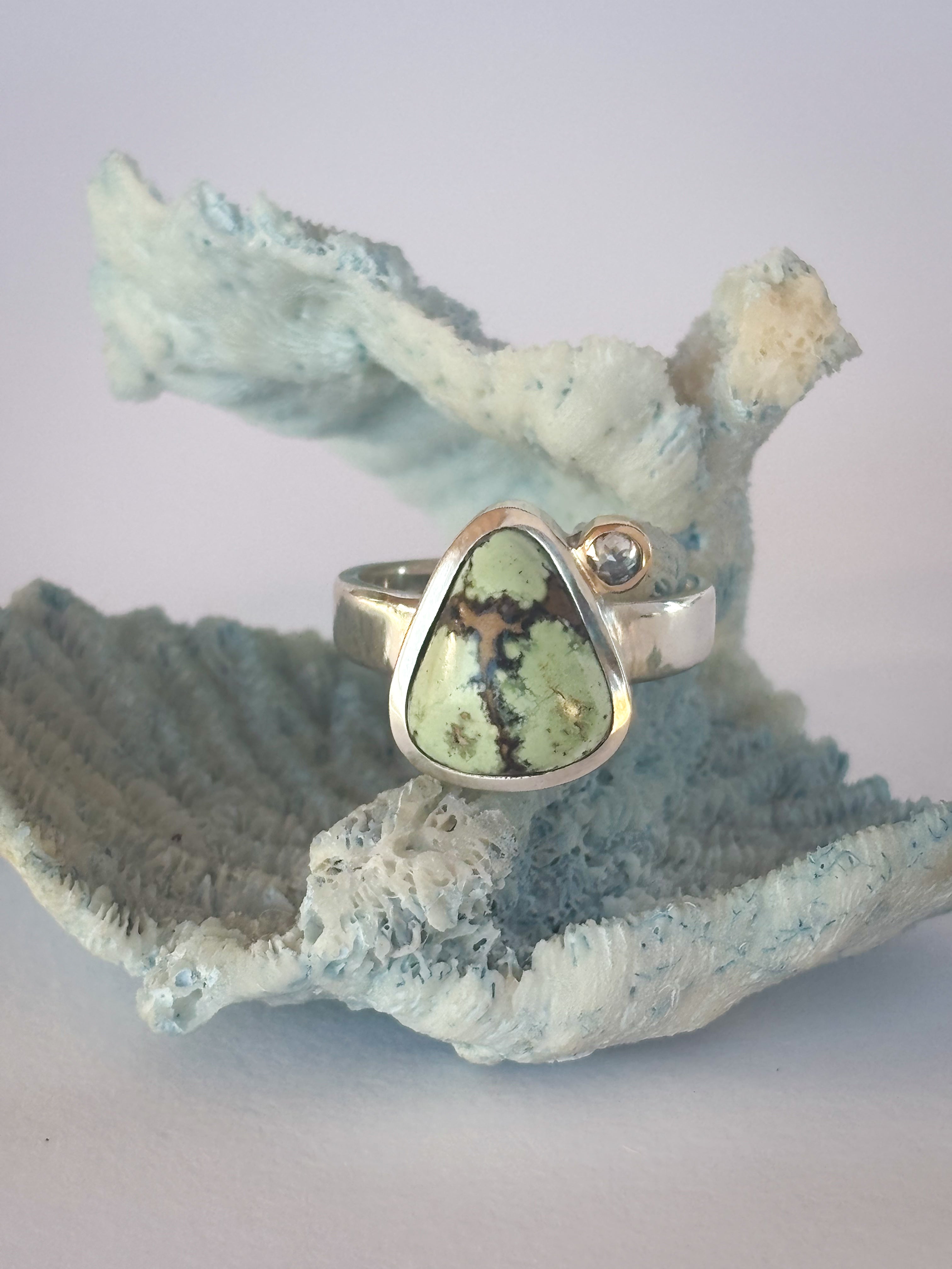 Damele Turquoise & Diamond Ring | Sterling Silver & 14K Gold | Size 8