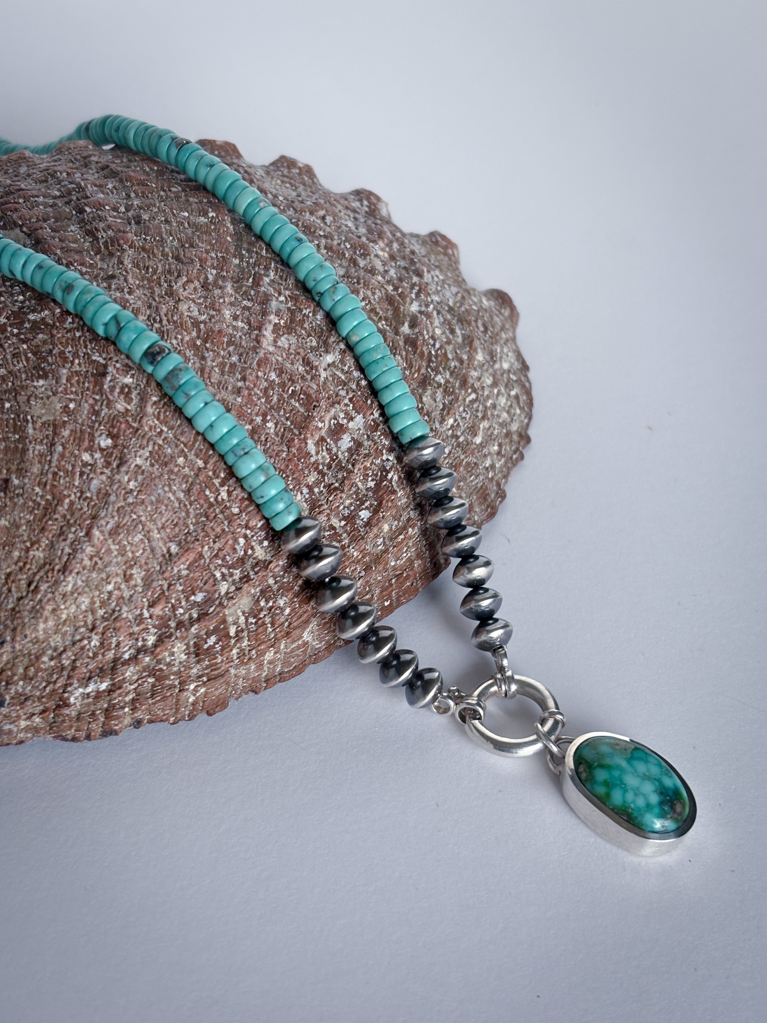 Turquoise and Sterling Silver Pearl Bead Necklace & Toggle Charm