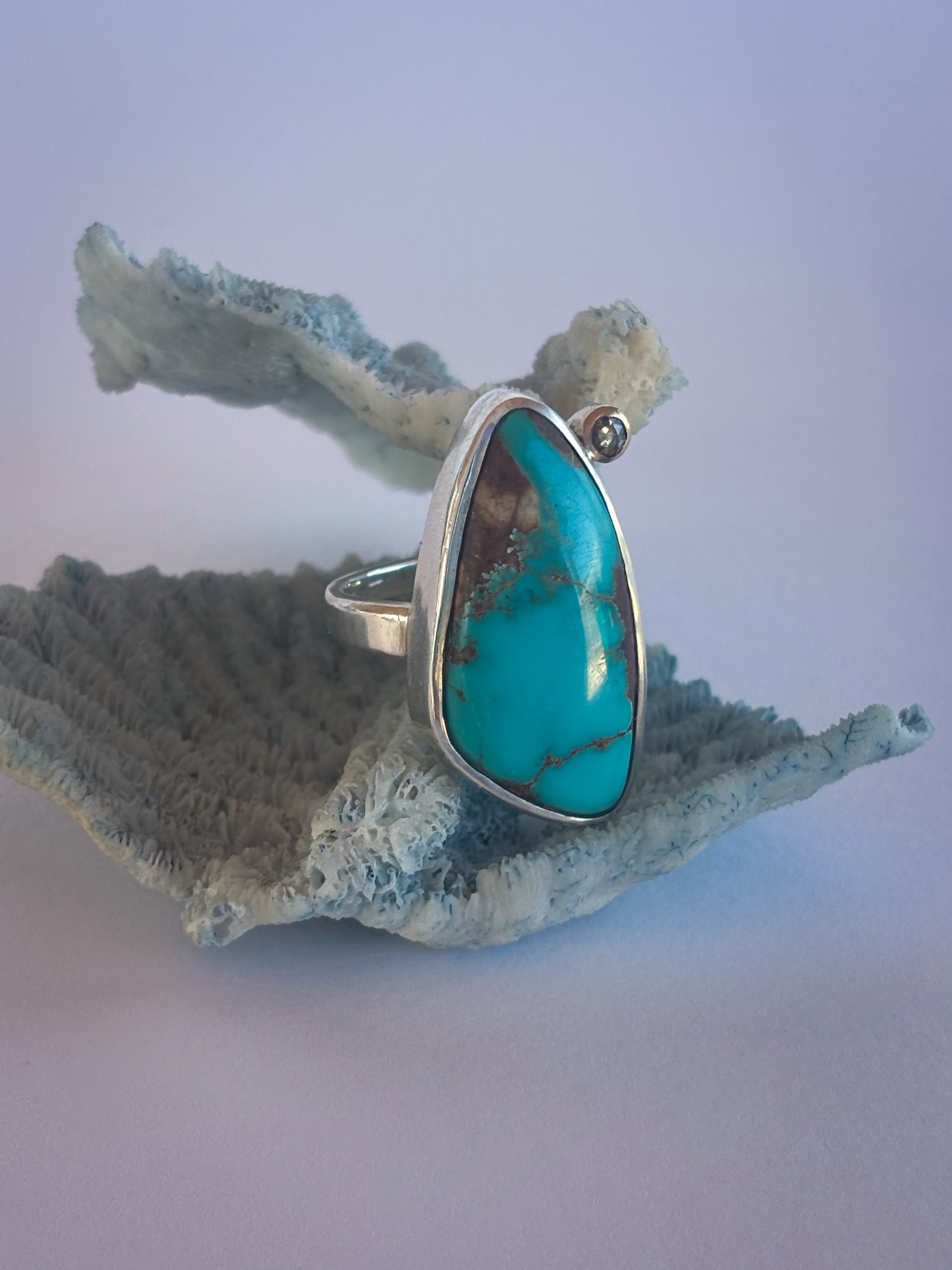 Royston Turquoise & Diamond Ring |Sterling Silver & 14K Gold | Size 7