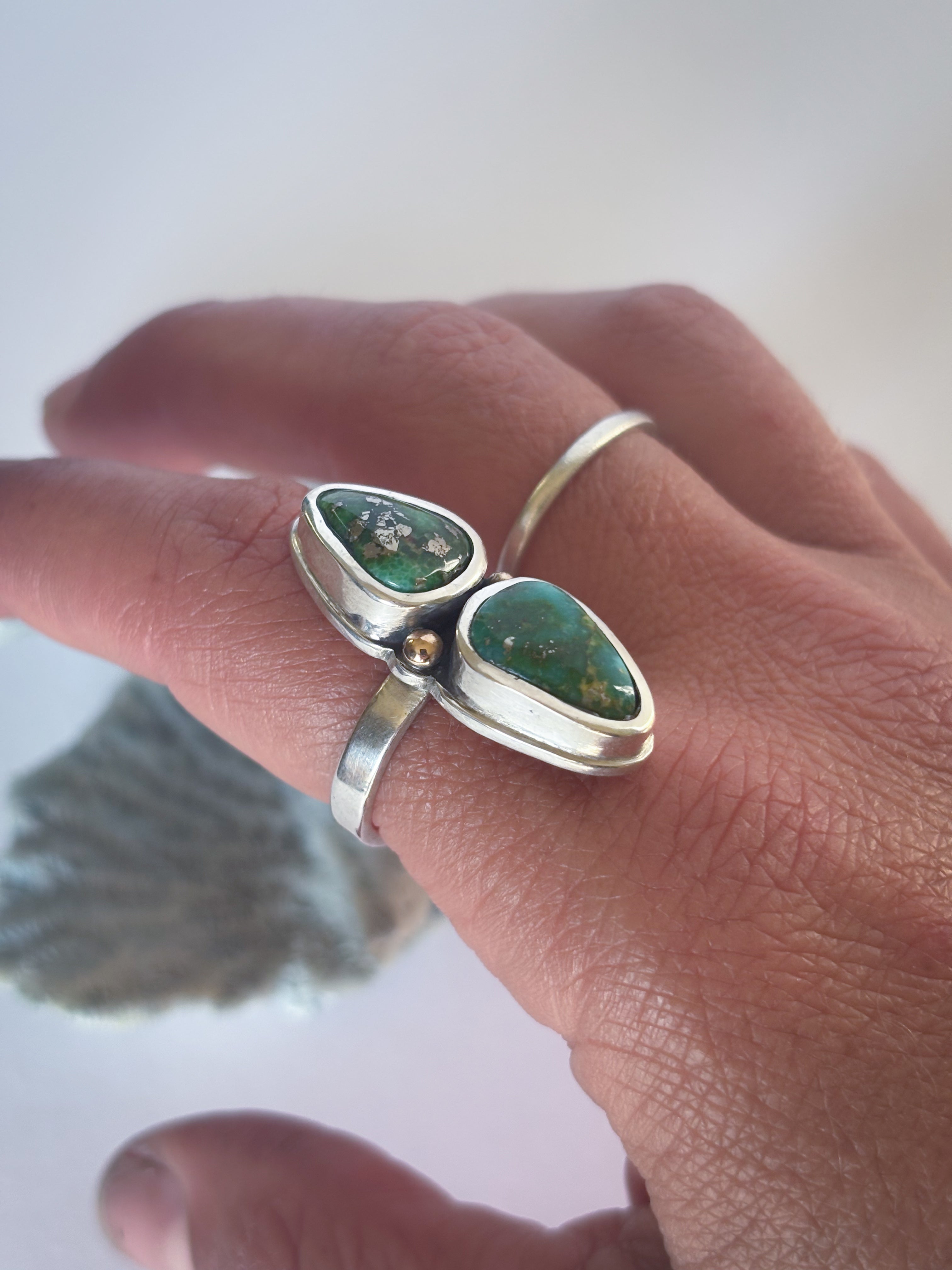 Two Stone Statement Ring | Sonoran Gold Turquoise, 14K Gold, & Sterling Silver | Size 8