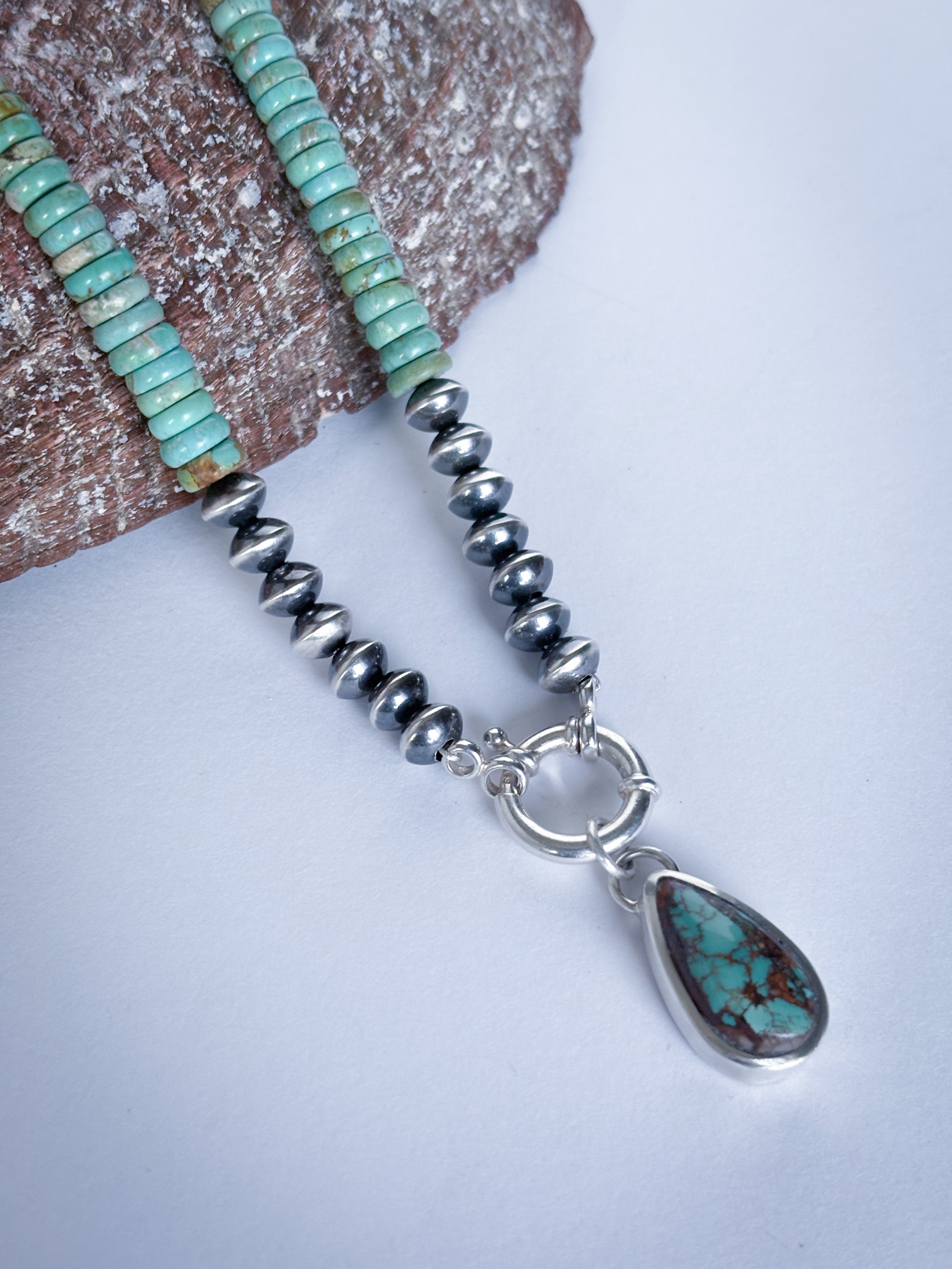Turquoise and Sterling Silver Pearl Toggle Charm Necklace