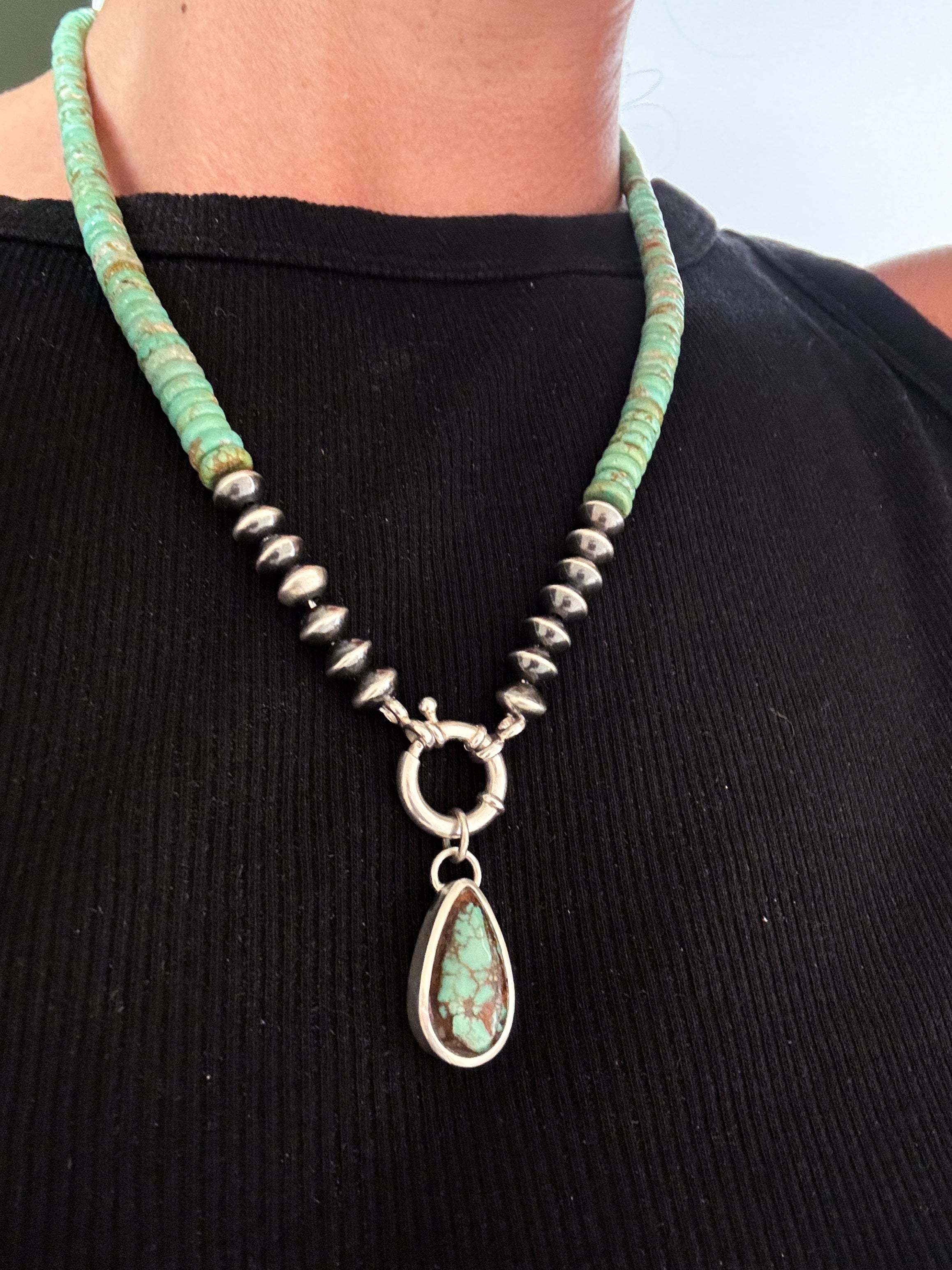 Turquoise and Sterling Silver Pearl Toggle Charm Necklace
