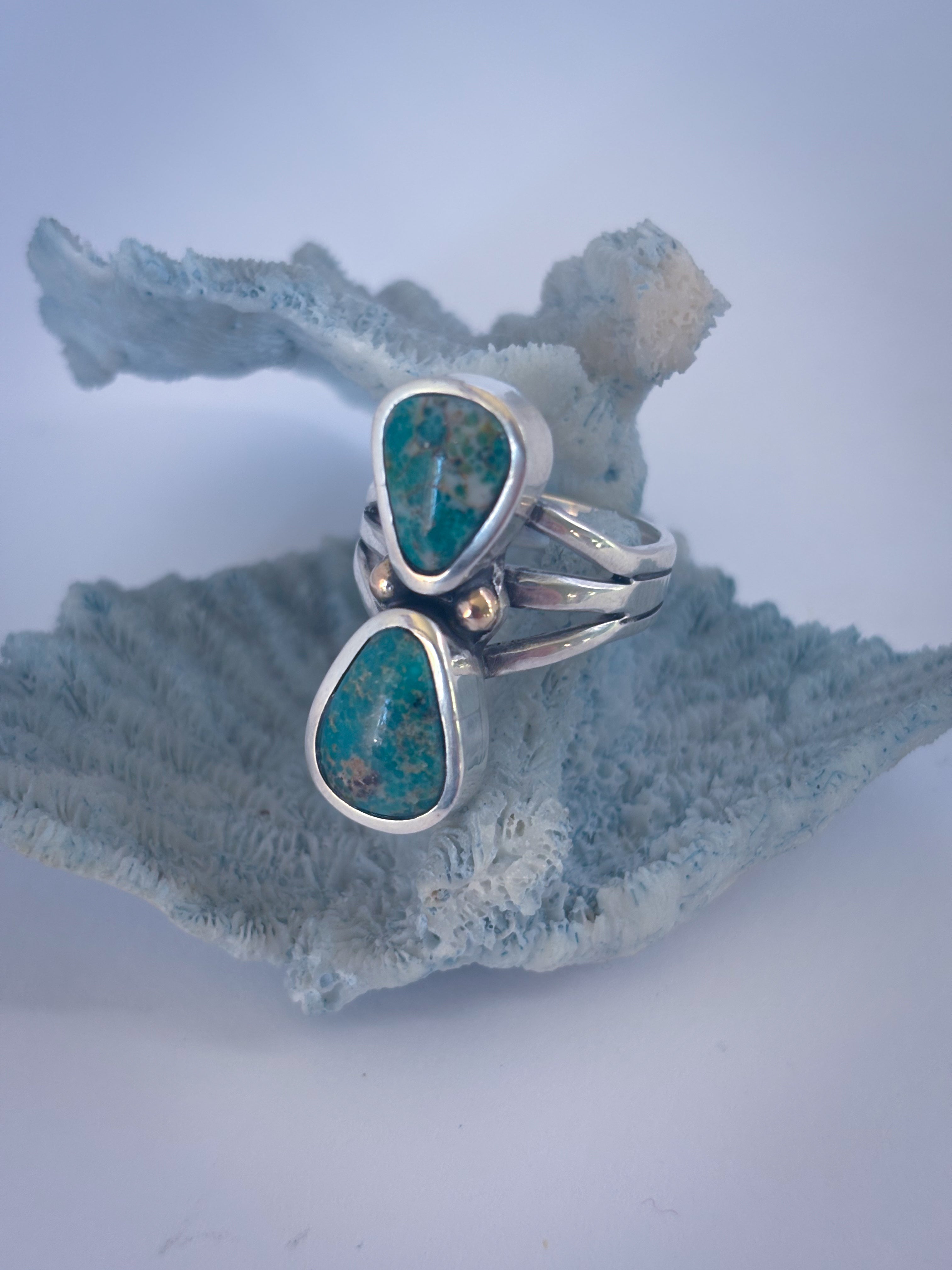 Two Stone Statement Ring| Sonoran Gold Turquoise, 14K Gold, & Sterling Silver | Size 6.75