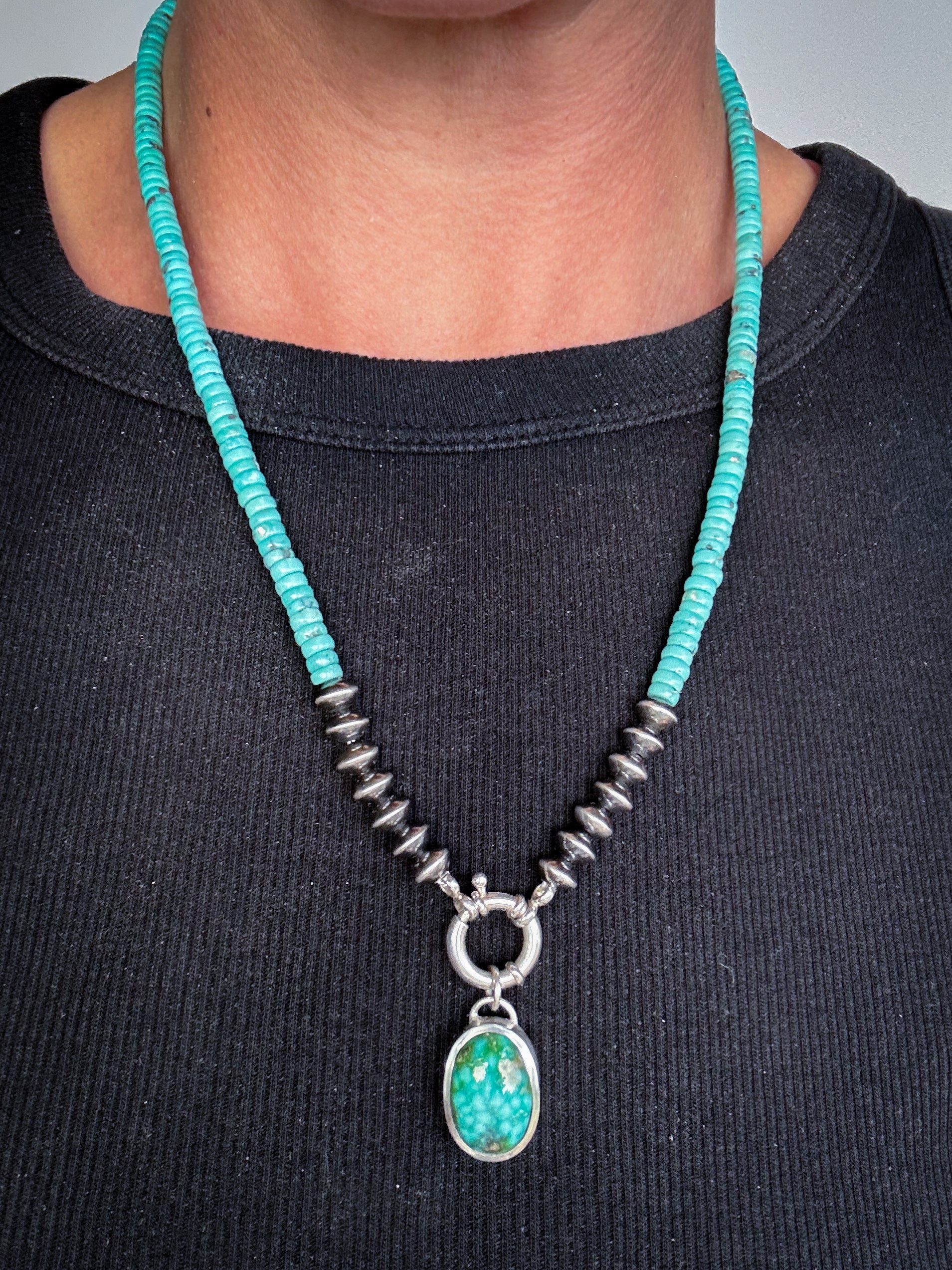 Turquoise and Sterling Silver Pearl Bead Necklace & Toggle Charm