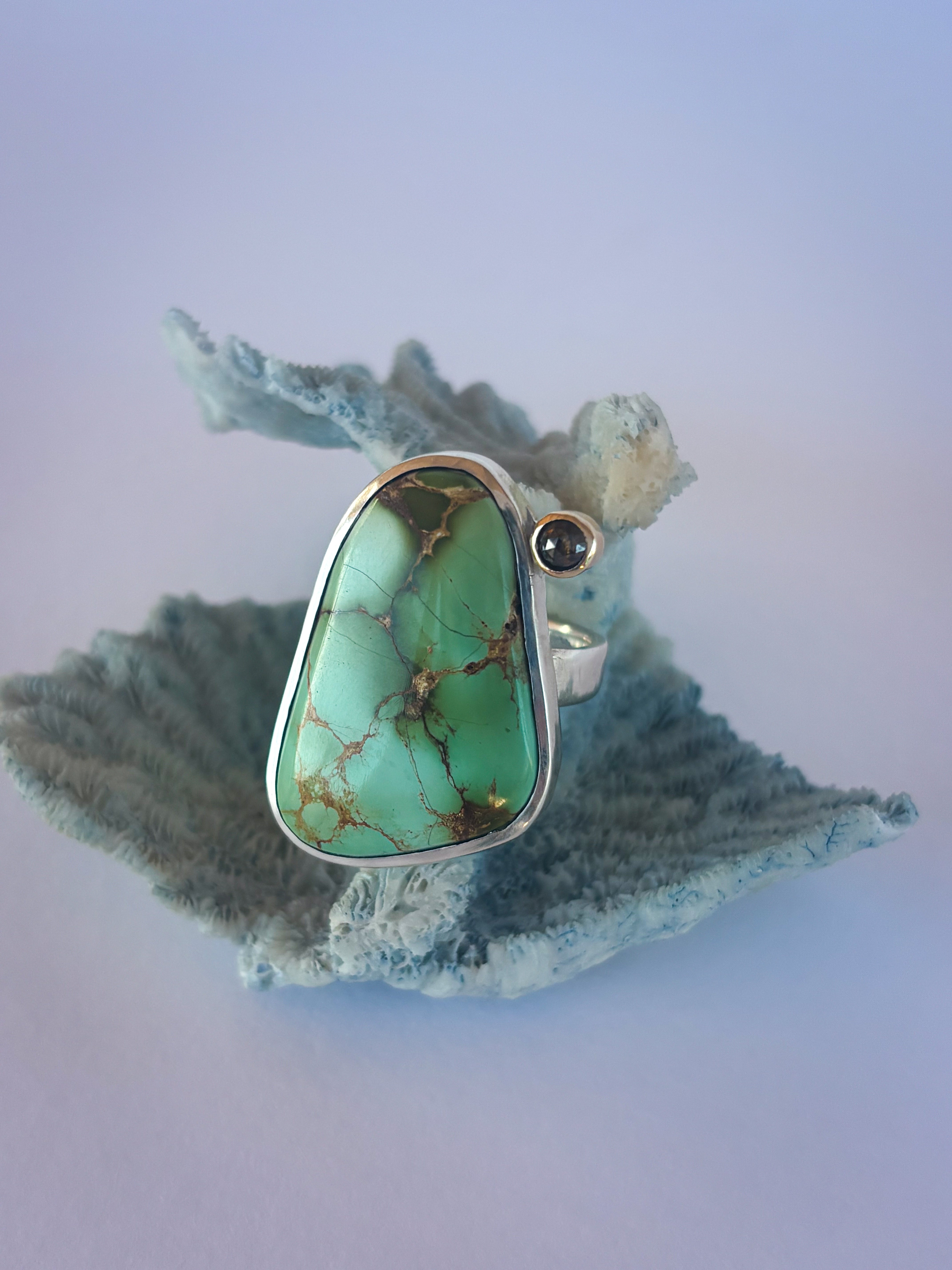 Sonoran Gold Turquoise & Diamond Ring |Sterling Silver & 14K Gold | Size 8