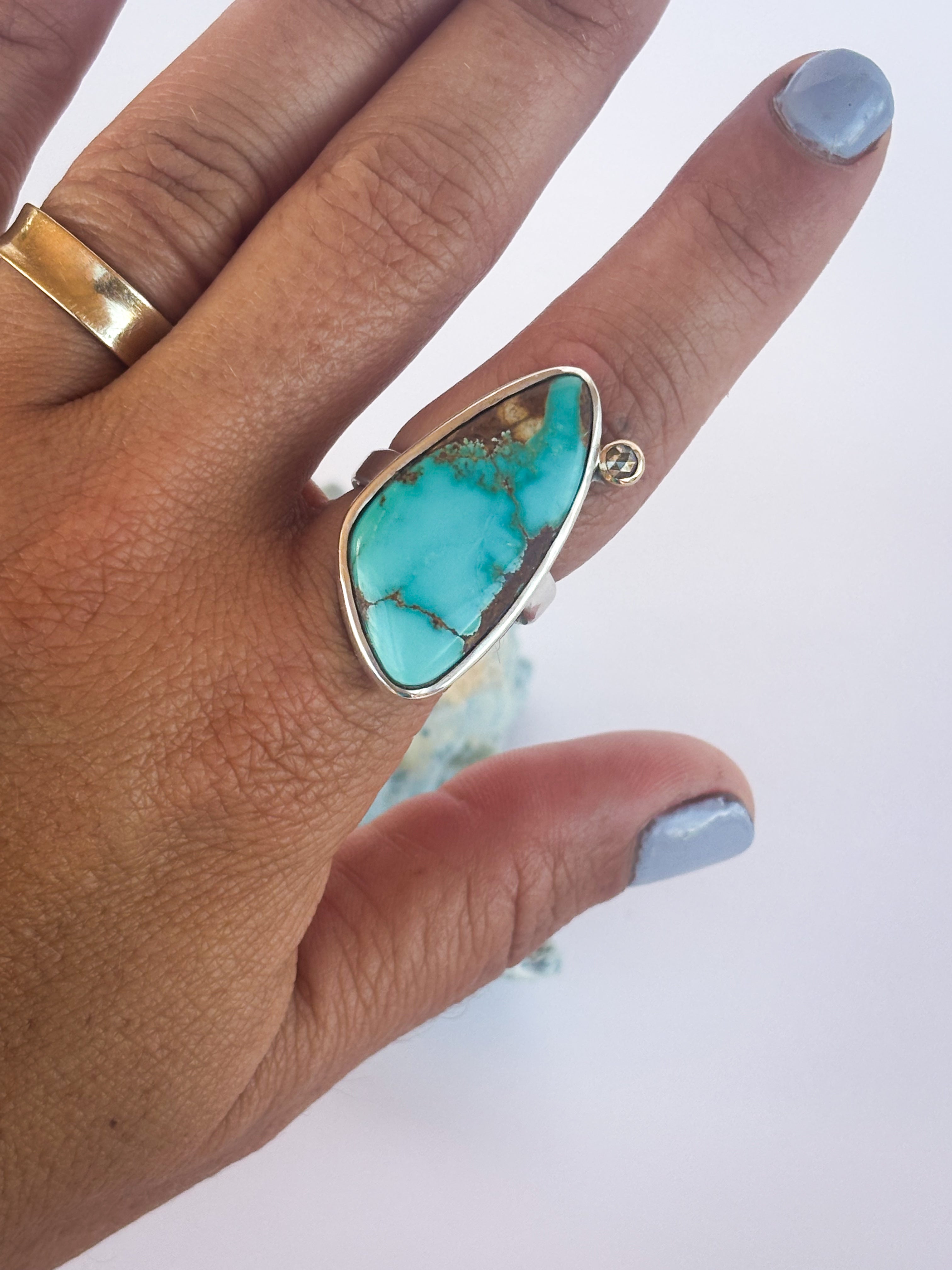 Royston Turquoise & Diamond Ring |Sterling Silver & 14K Gold | Size 7
