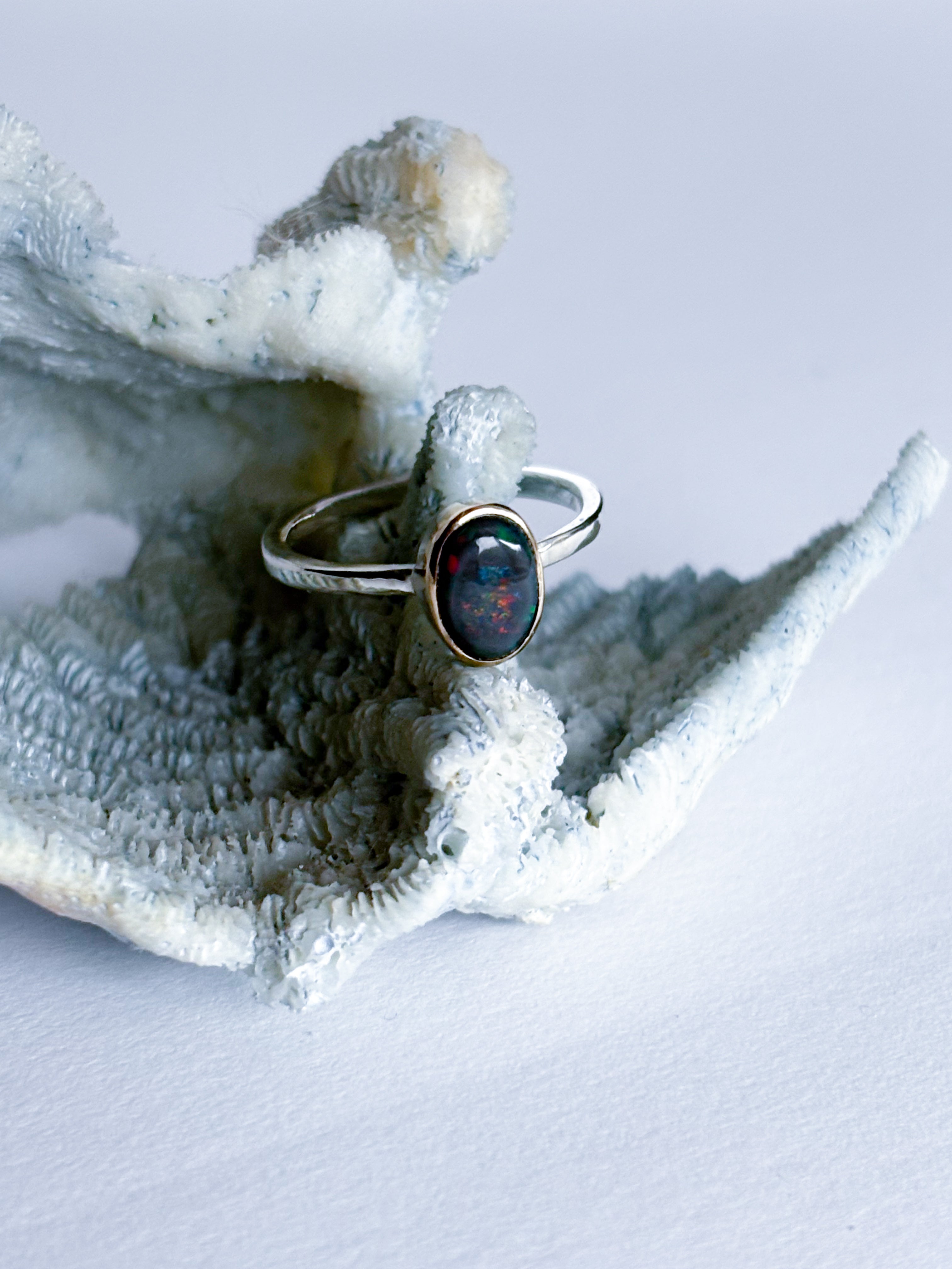 Australian Opal Stacker Ring | 14K Gold & Sterling Silver | Size 6