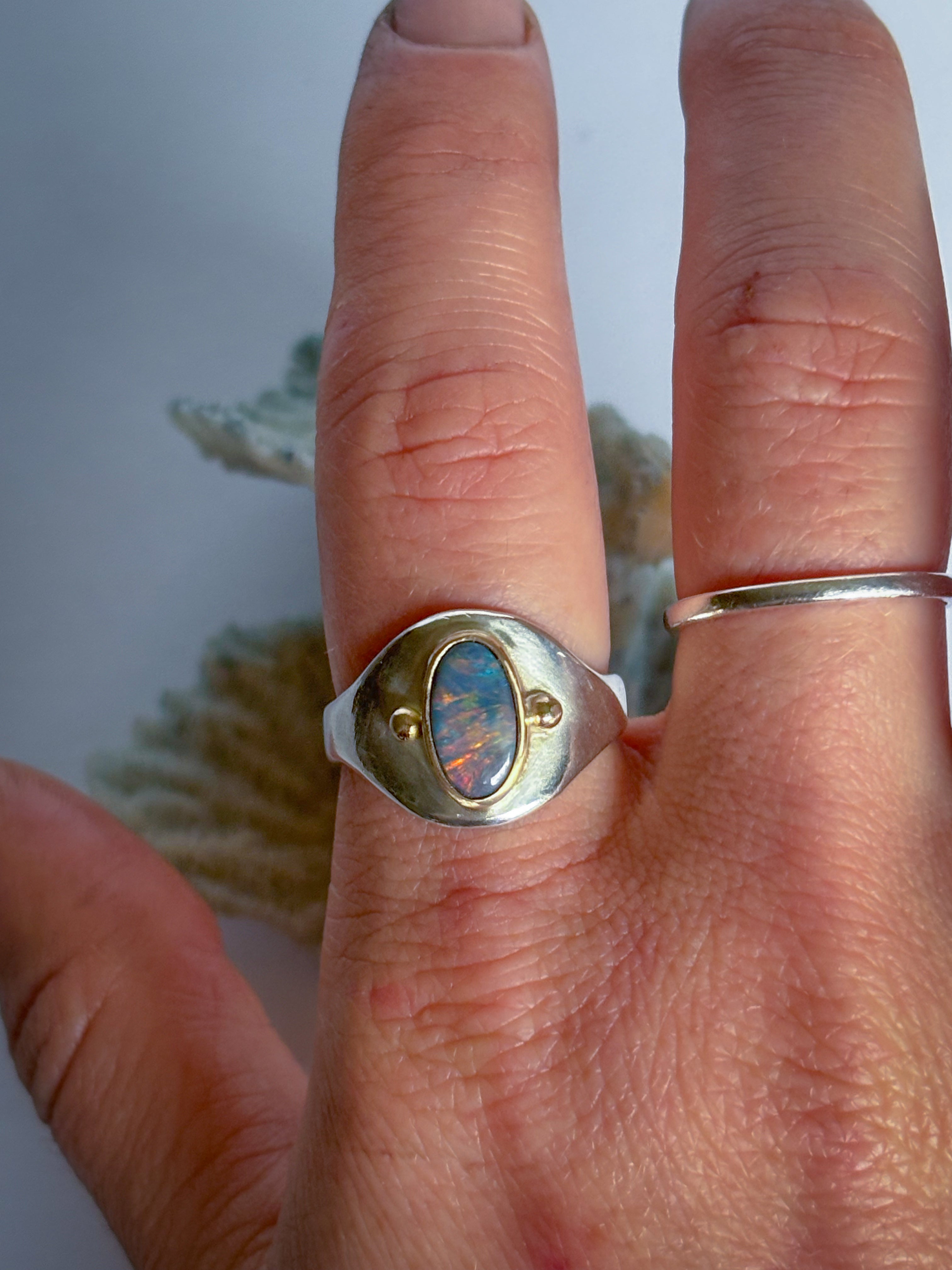 Modern Australian Opal, 14K Gold and Sterling Silver Handmade Ring. 