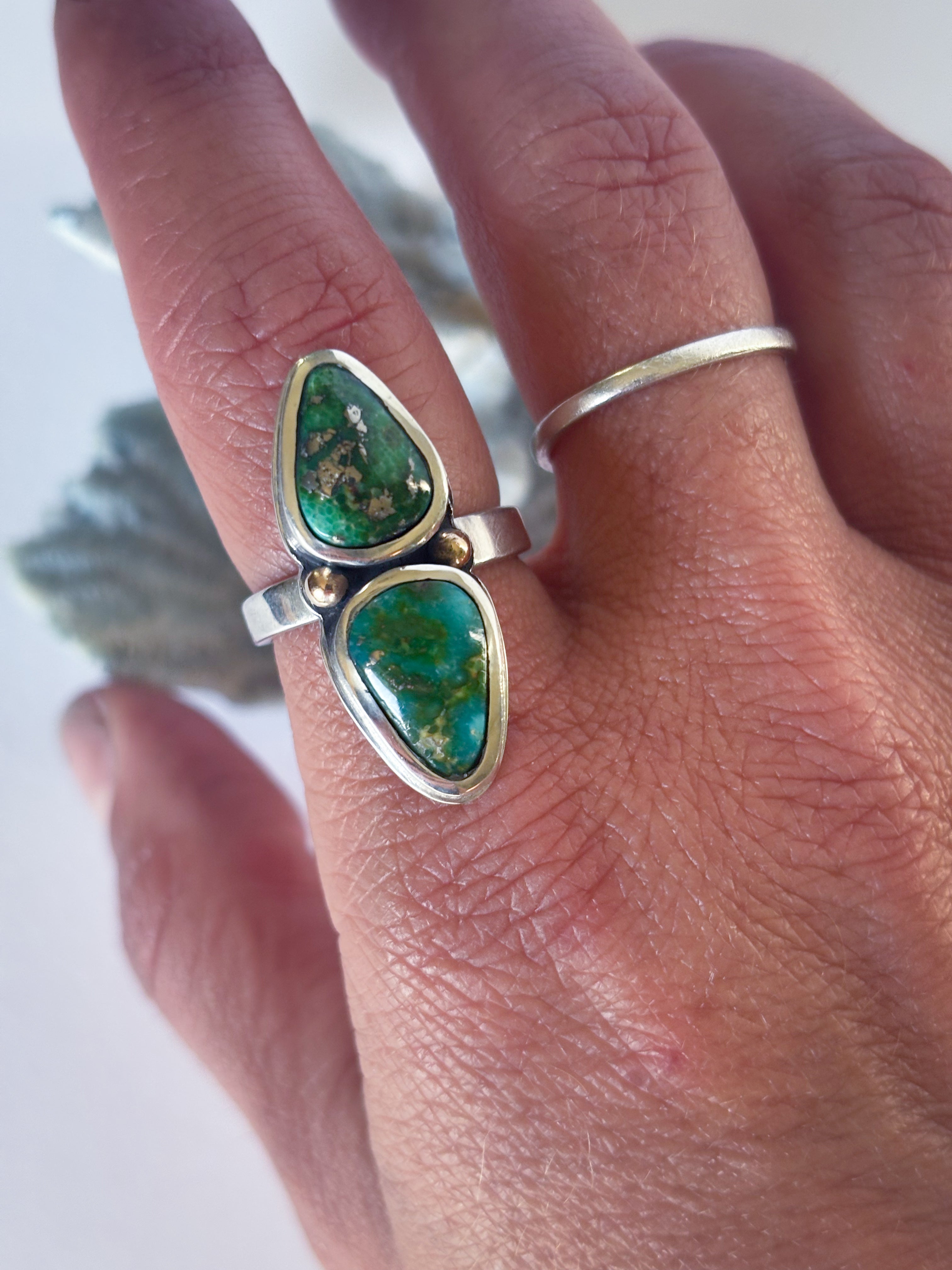 Two Stone Statement Ring | Sonoran Gold Turquoise, 14K Gold, & Sterling Silver | Size 8