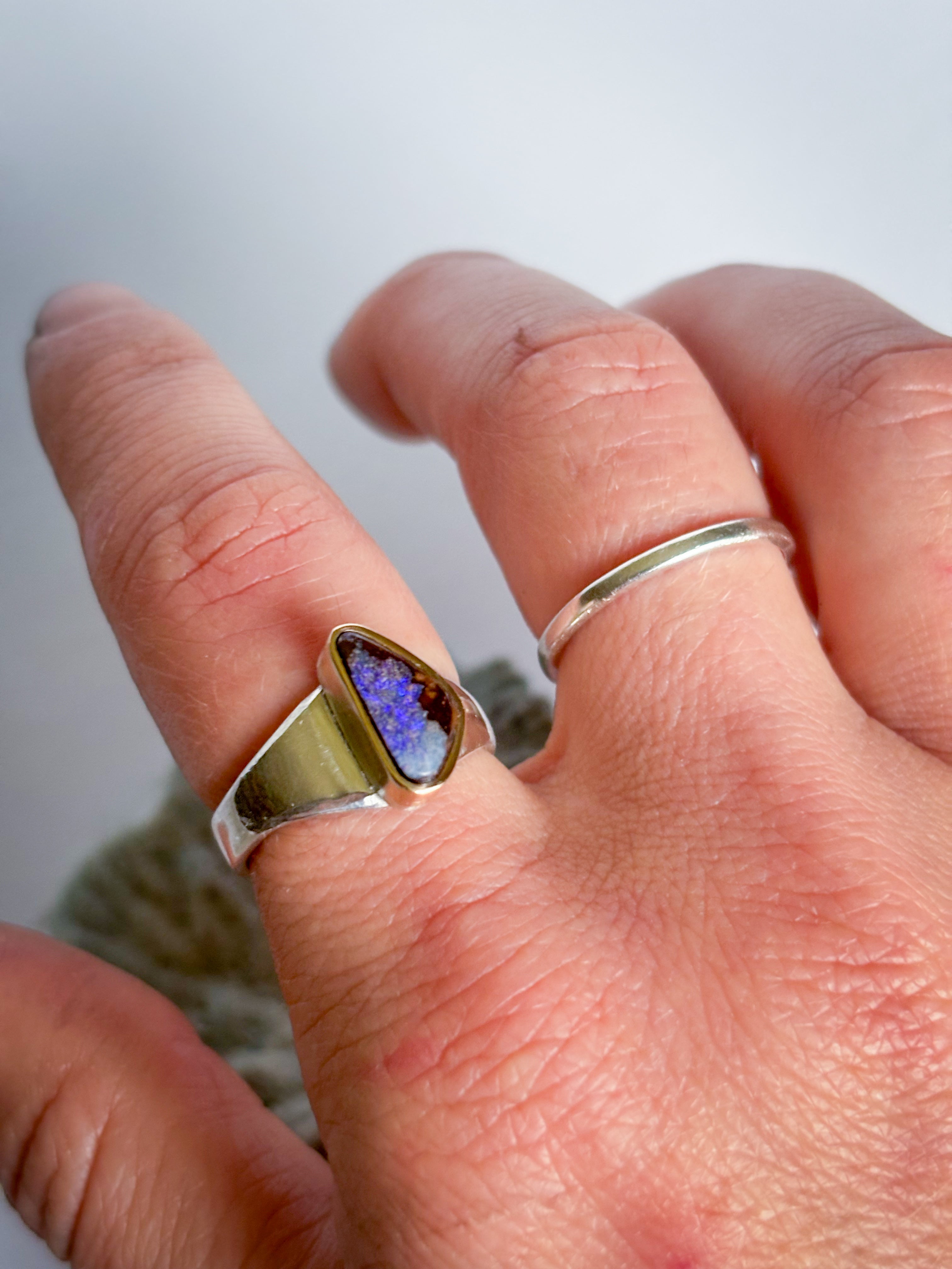 Modern Purple Australian Opal Triangular Ring.  14K Gold and Sterling Silver