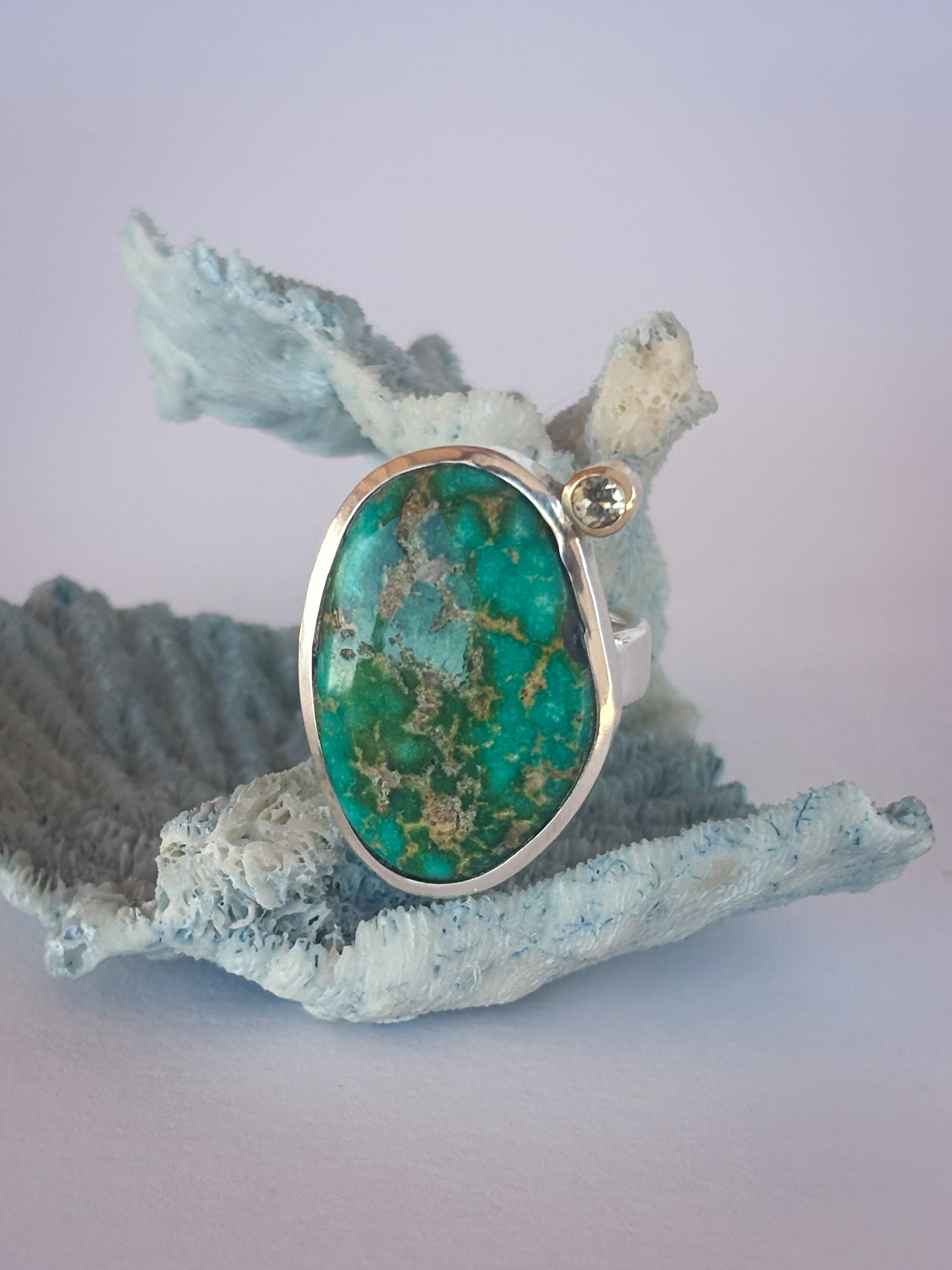 Sonoran Gold Turquoise & Diamond Ring |Sterling Silver & 14K Gold | Size 6.5