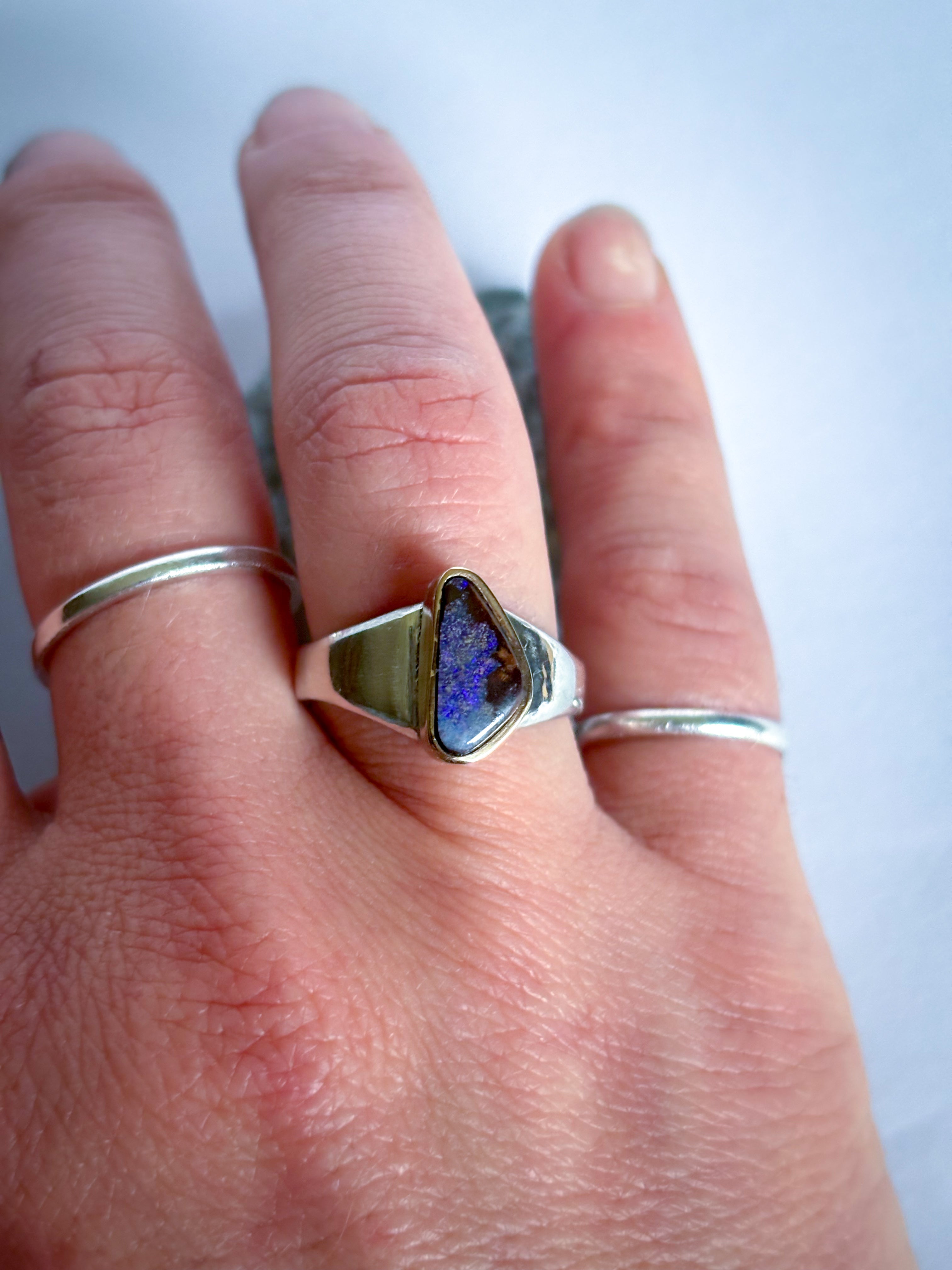 Modern Purple Australian Opal Triangular Ring.  14K Gold and Sterling Silver