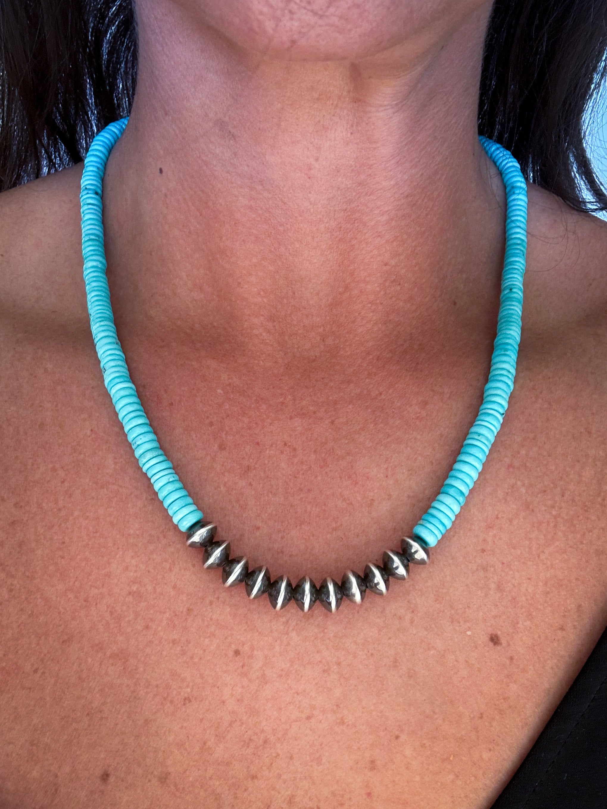 Turquoise and Sterling Silver Pearl Beaded Necklace