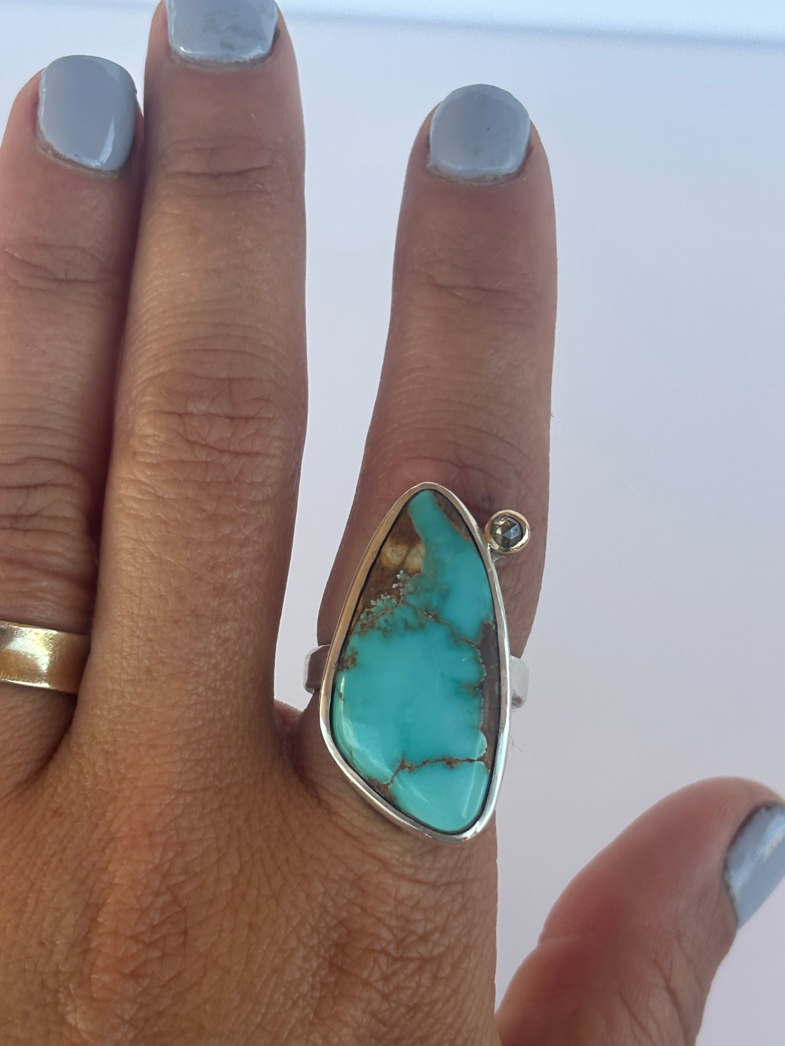 Royston Turquoise & Diamond Ring |Sterling Silver & 14K Gold | Size 7