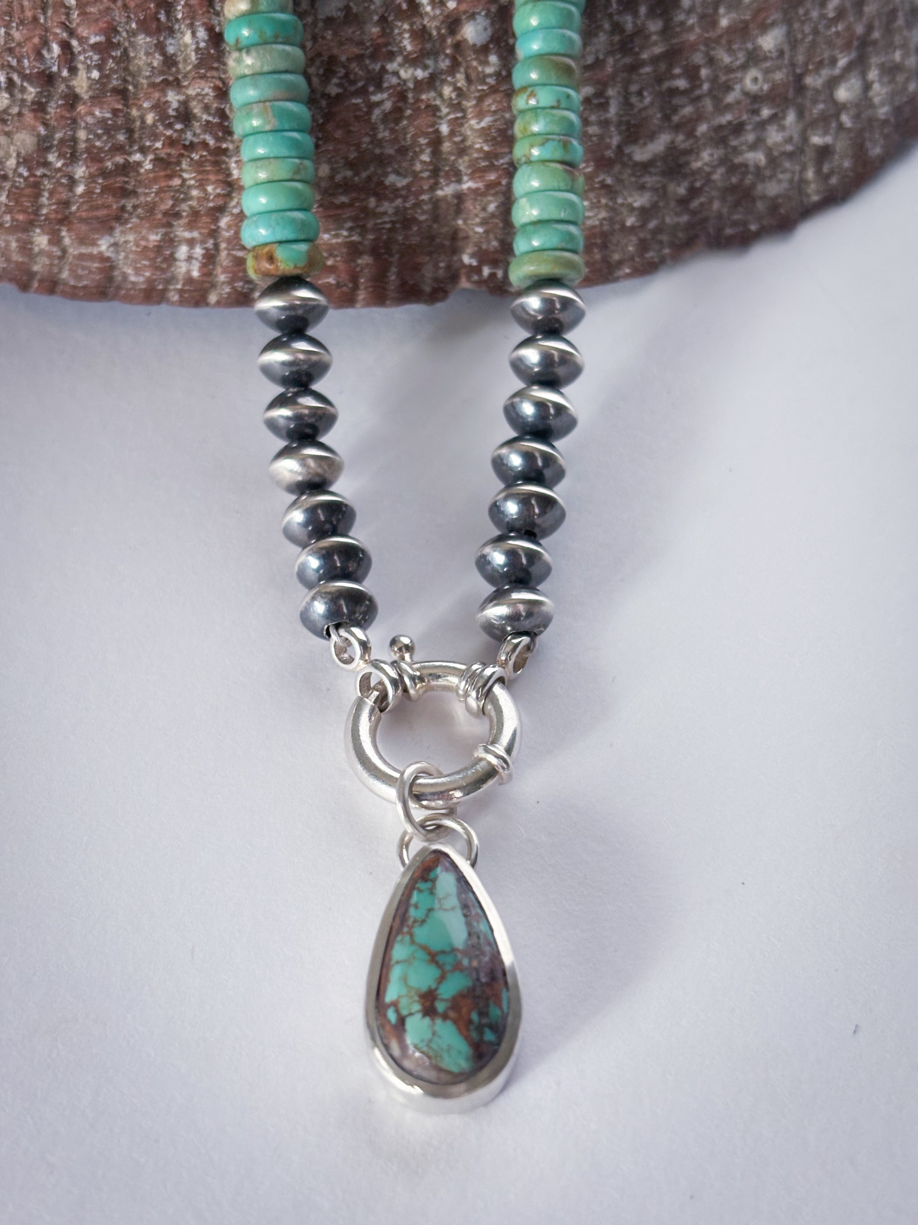 Turquoise and Sterling Silver Pearl Toggle Charm Necklace