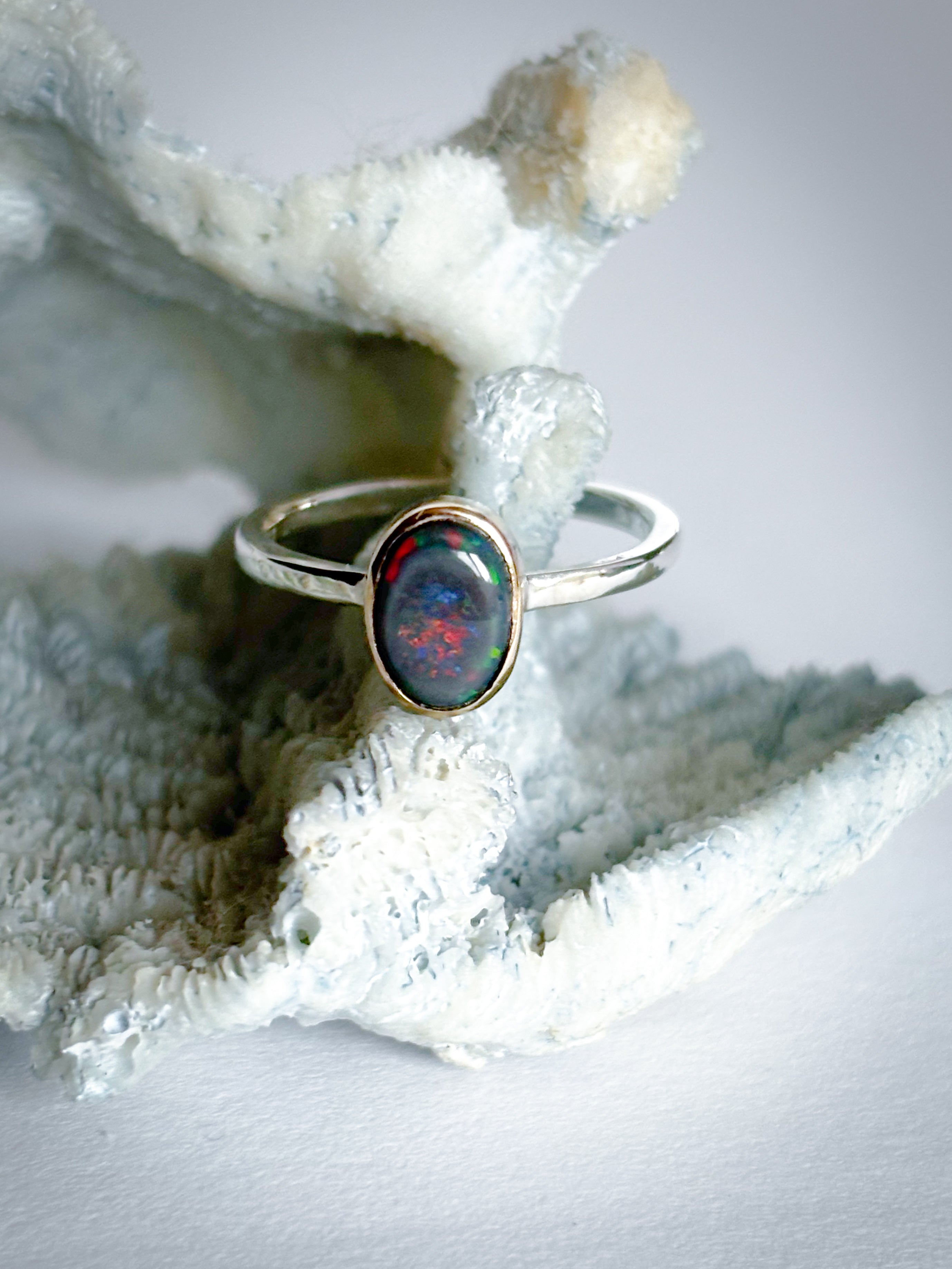 Modern Australian Opal, 14K Gold and Sterling Silver Stacker Ring. Handmade.